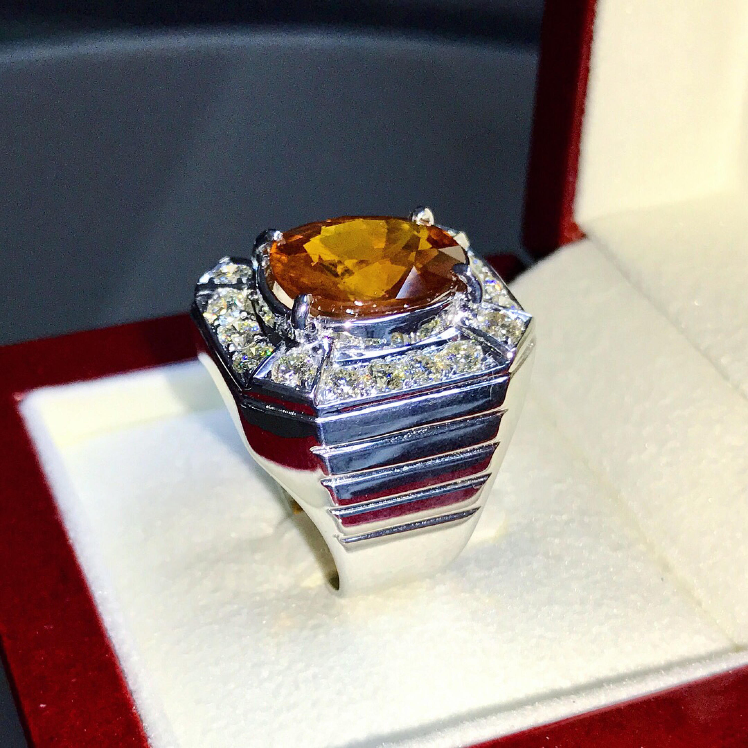 GENTLEMEN 9.88TCW Yellow Orange Sapphire & F/VVS Diamonds in 18K solid heavy white gold handmade ring