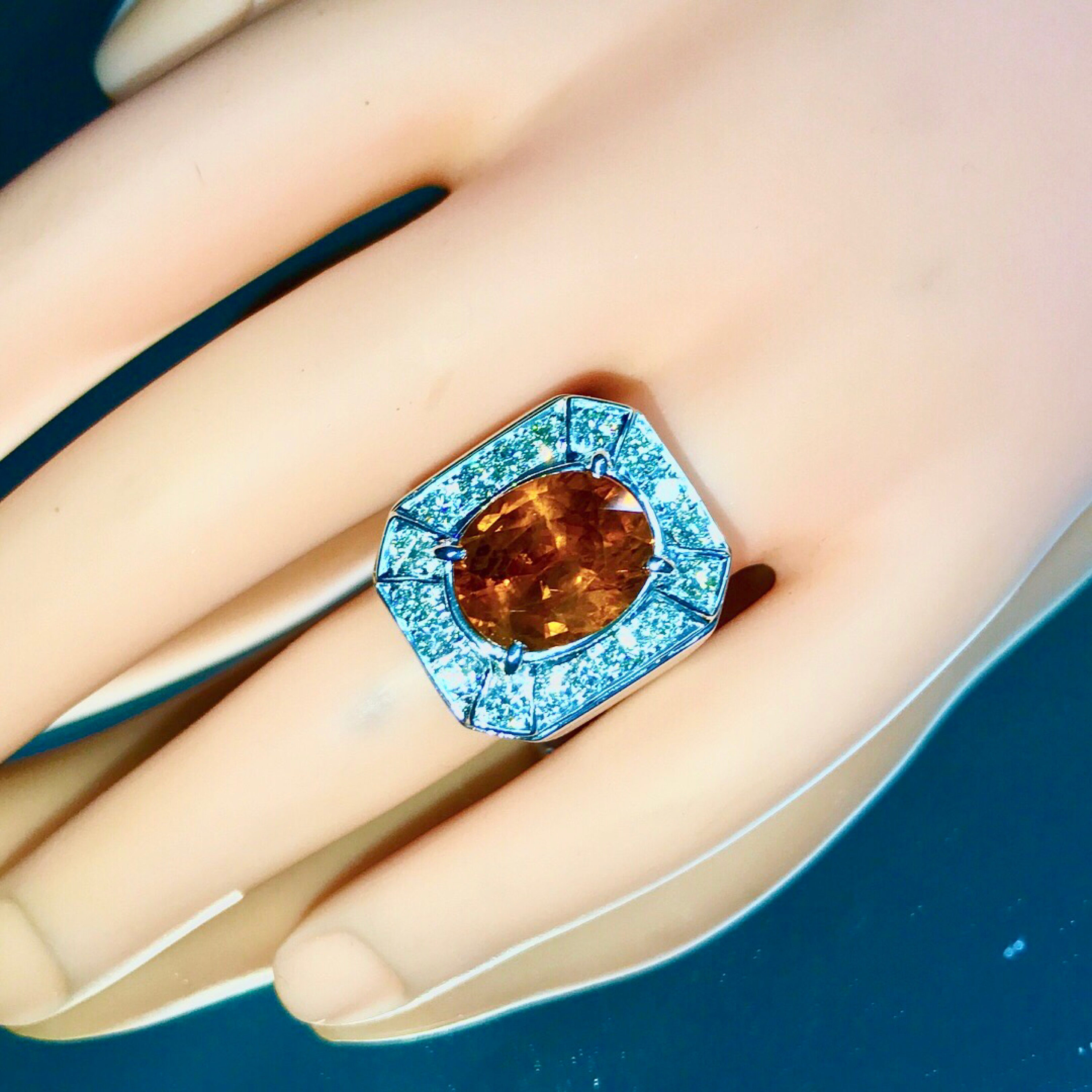 GENTLEMEN 9.88TCW Yellow Orange Sapphire & F/VVS Diamonds in 18K solid heavy white gold handmade ring