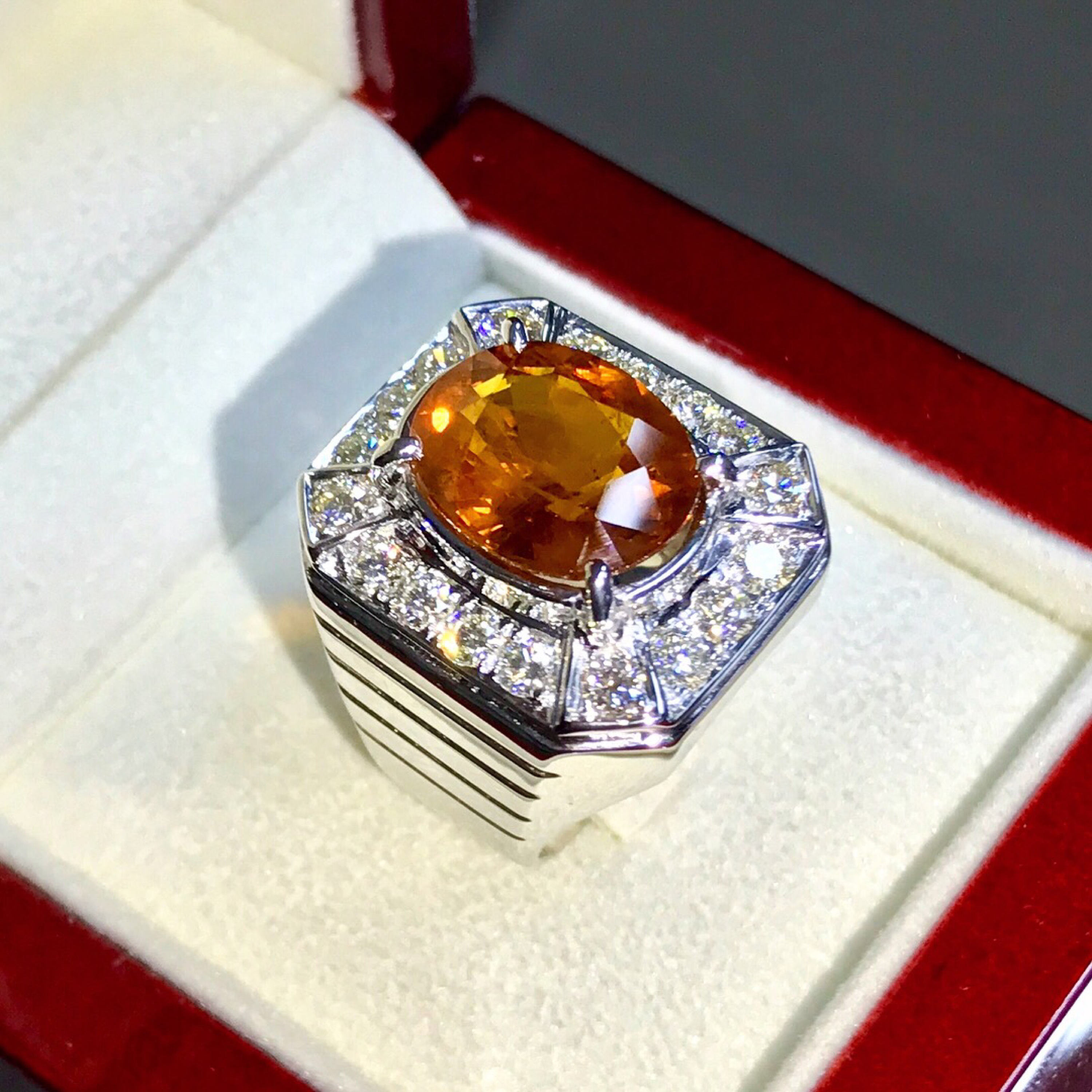 GENTLEMEN 9.88TCW Yellow Orange Sapphire & F/VVS Diamonds in 18K solid heavy white gold handmade ring