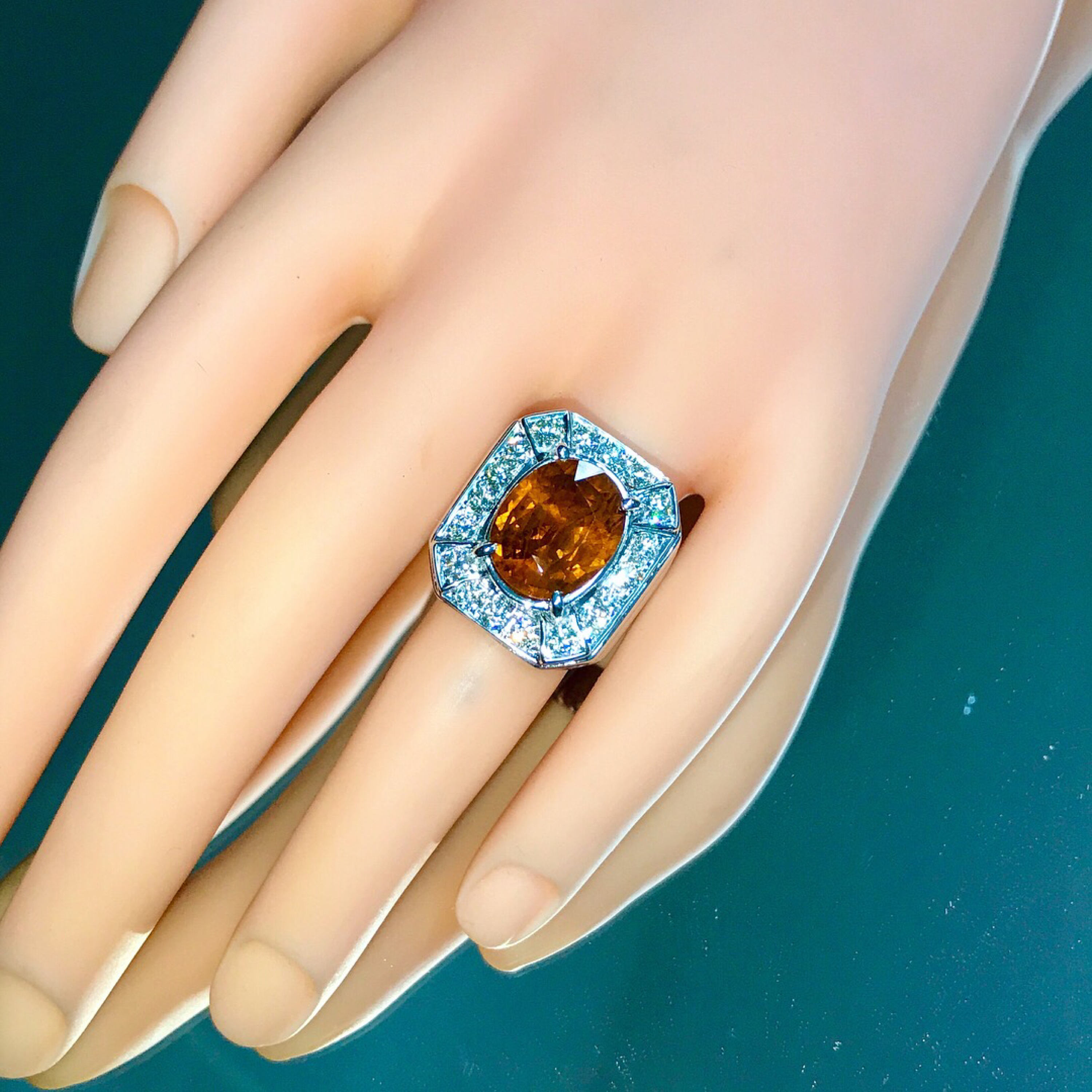 GENTLEMEN 9.88TCW Yellow Orange Sapphire & F/VVS Diamonds in 18K solid heavy white gold handmade ring