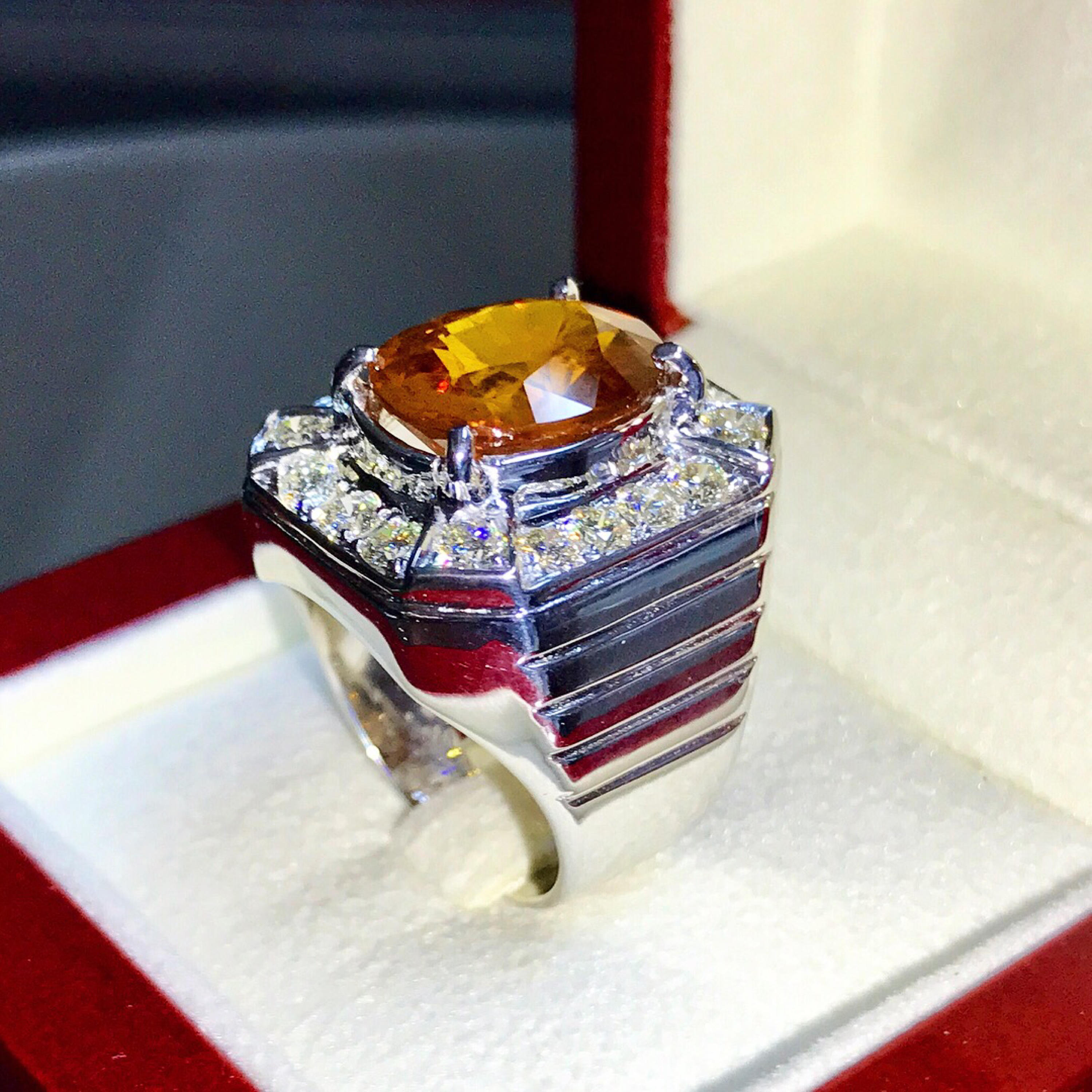 GENTLEMEN 9.88TCW Yellow Orange Sapphire & F/VVS Diamonds in 18K solid heavy white gold handmade ring