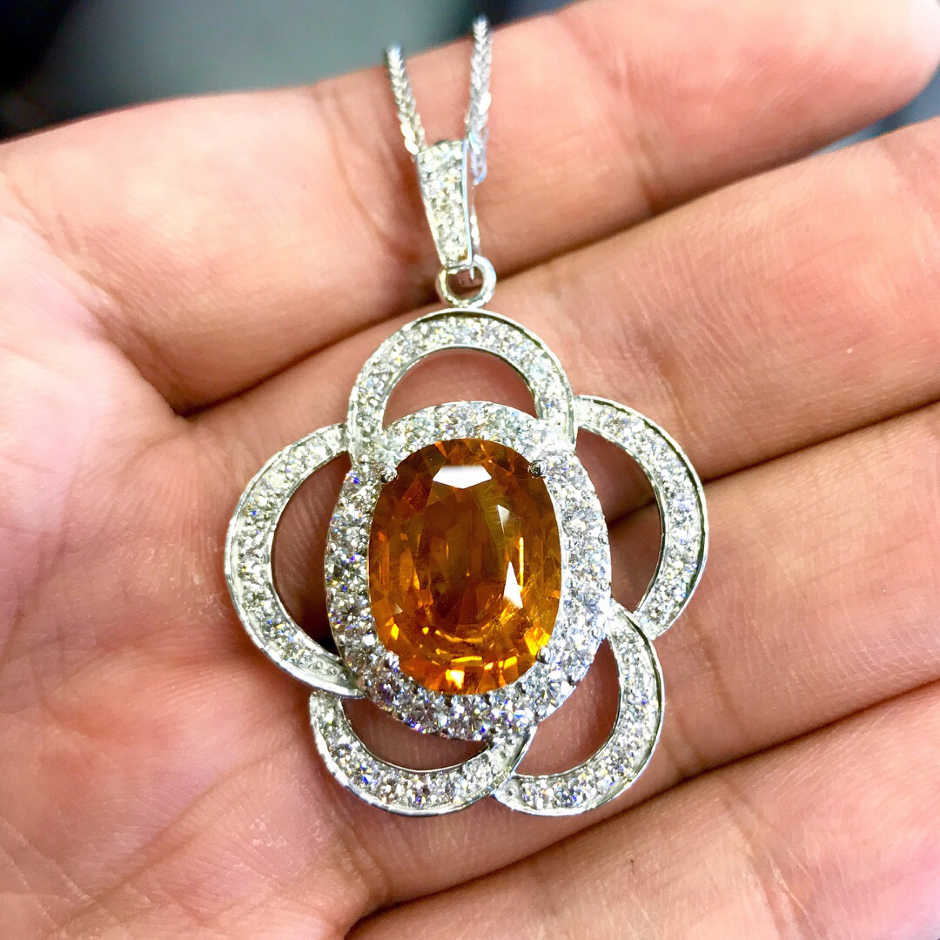 HUGE 14.72TCW Yellow Sapphire & Diamonds in 18K solid white gold pendant necklace chain natural