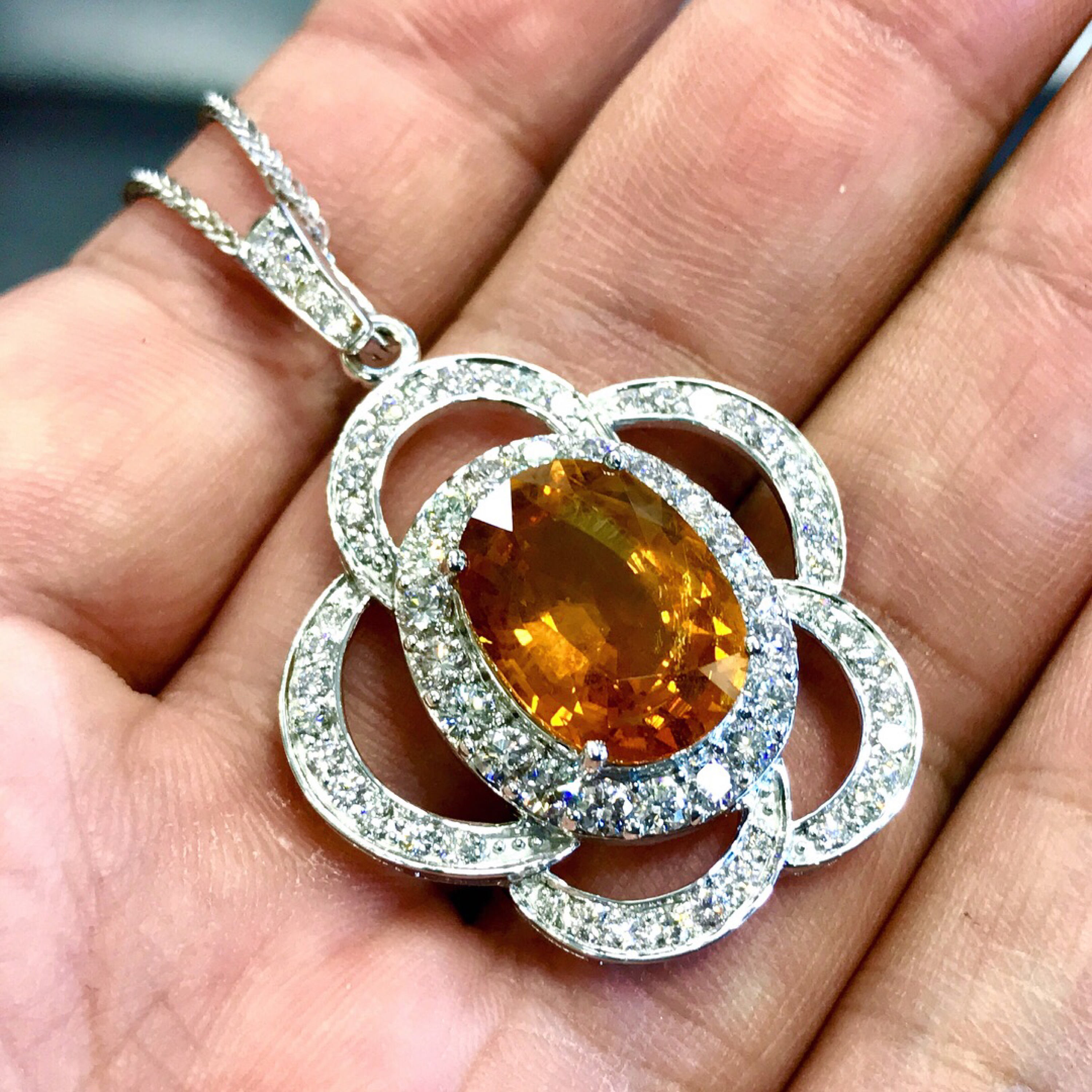 HUGE 14.72TCW Yellow Sapphire & Diamonds in 18K solid white gold pendant necklace chain natural