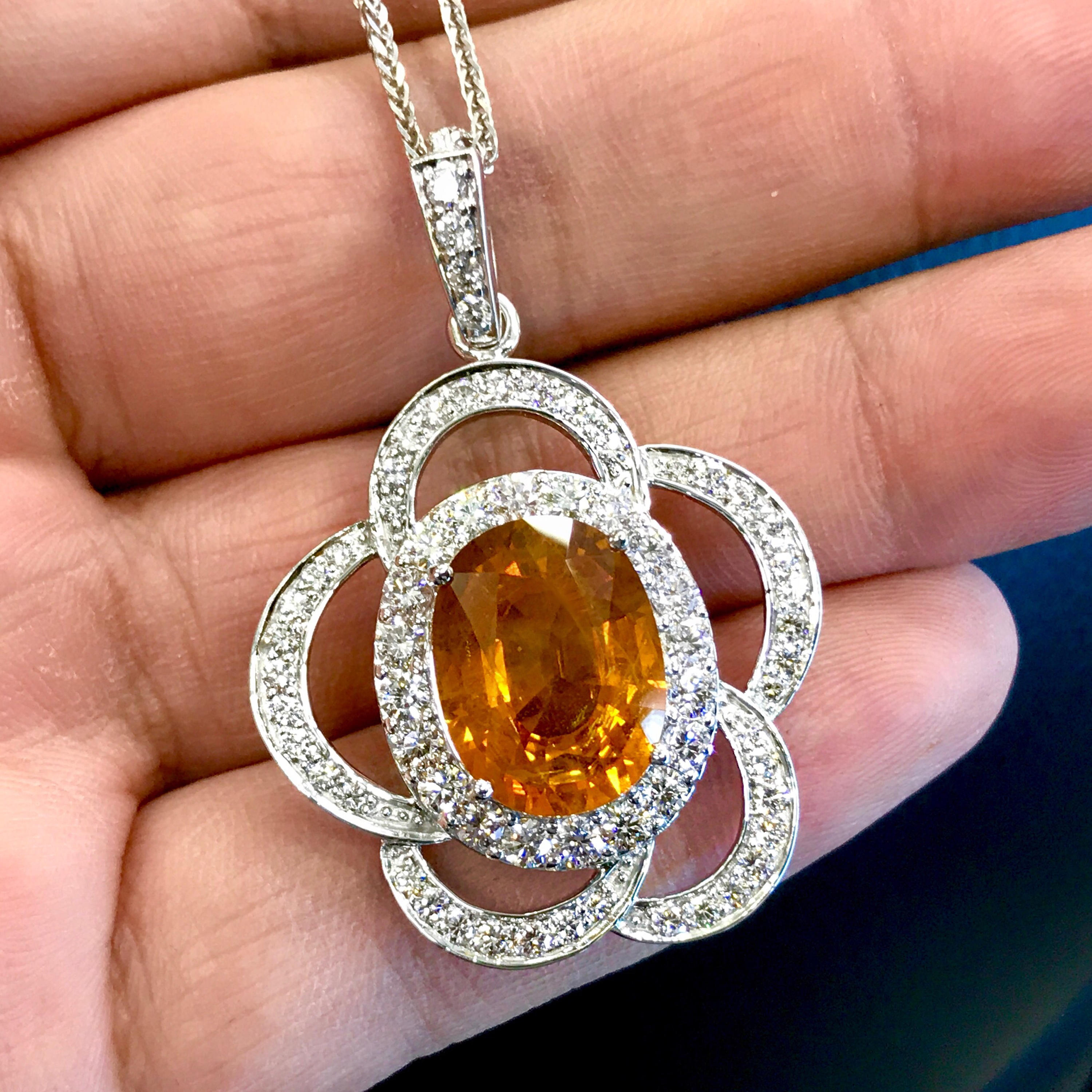 HUGE 14.72TCW Yellow Sapphire & Diamonds in 18K solid white gold pendant necklace chain natural