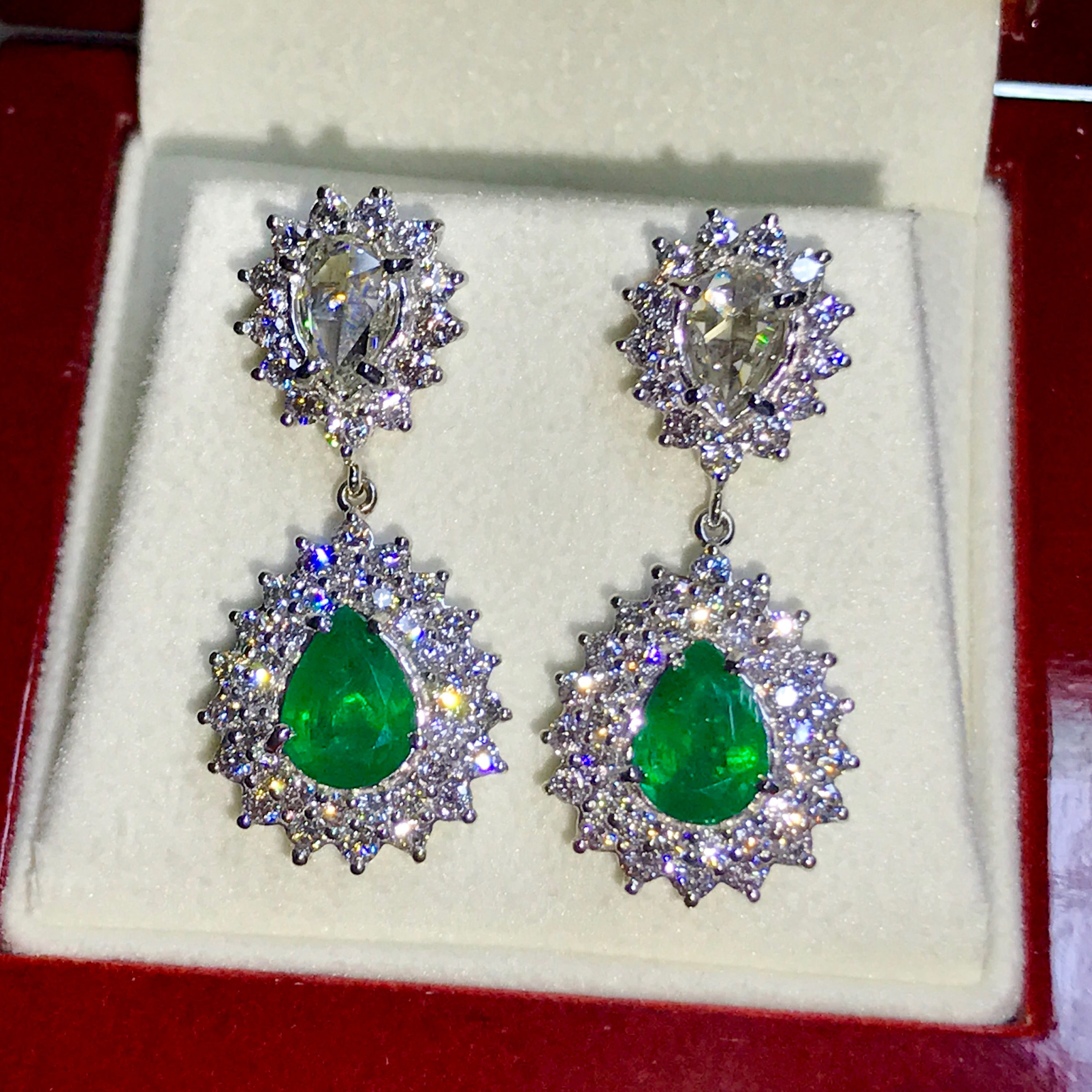 ROSE CUT! 4.86TCW Emerald & Diamonds in 18K solid white gold earrings natural zambian