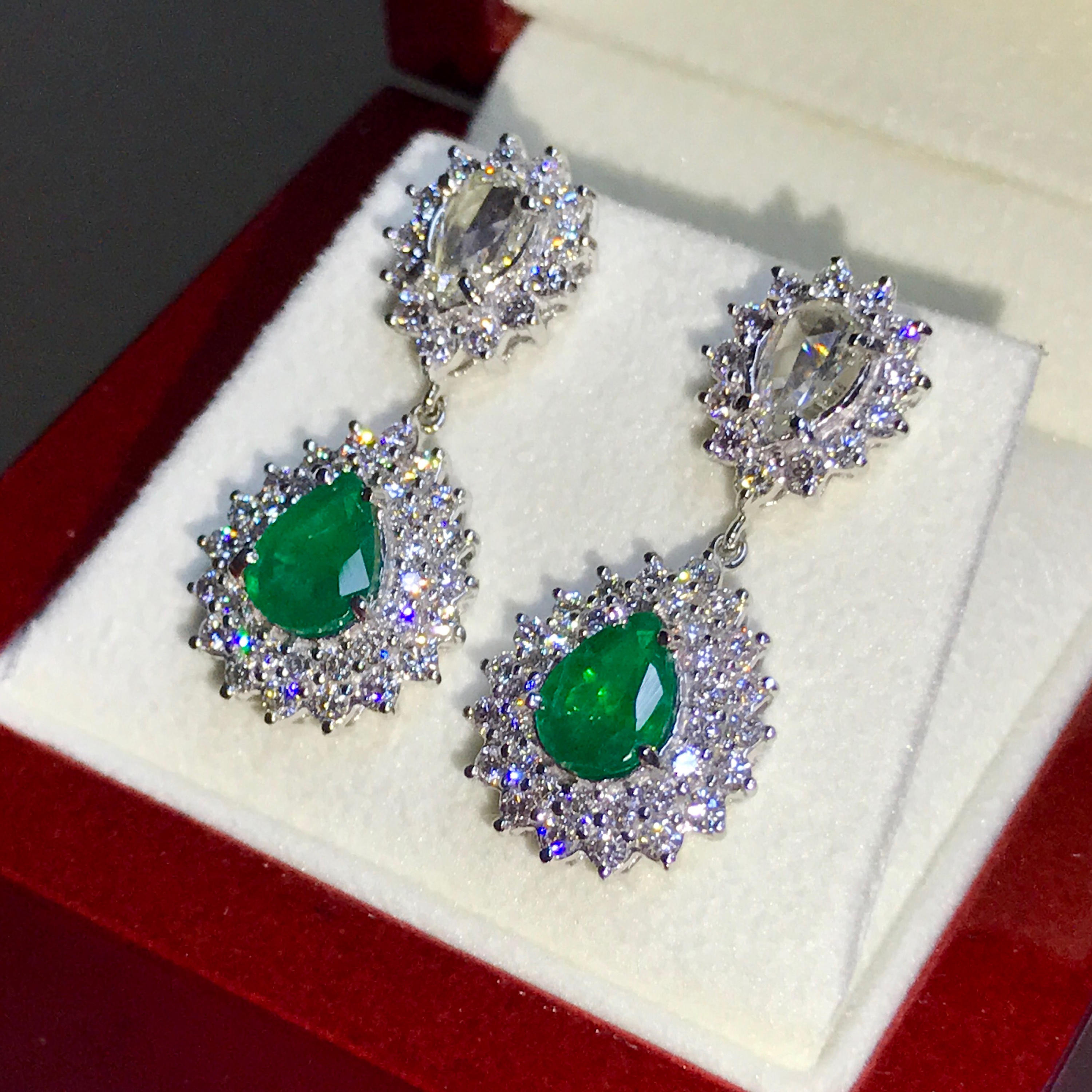 ROSE CUT! 4.86TCW Emerald & Diamonds in 18K solid white gold earrings natural zambian