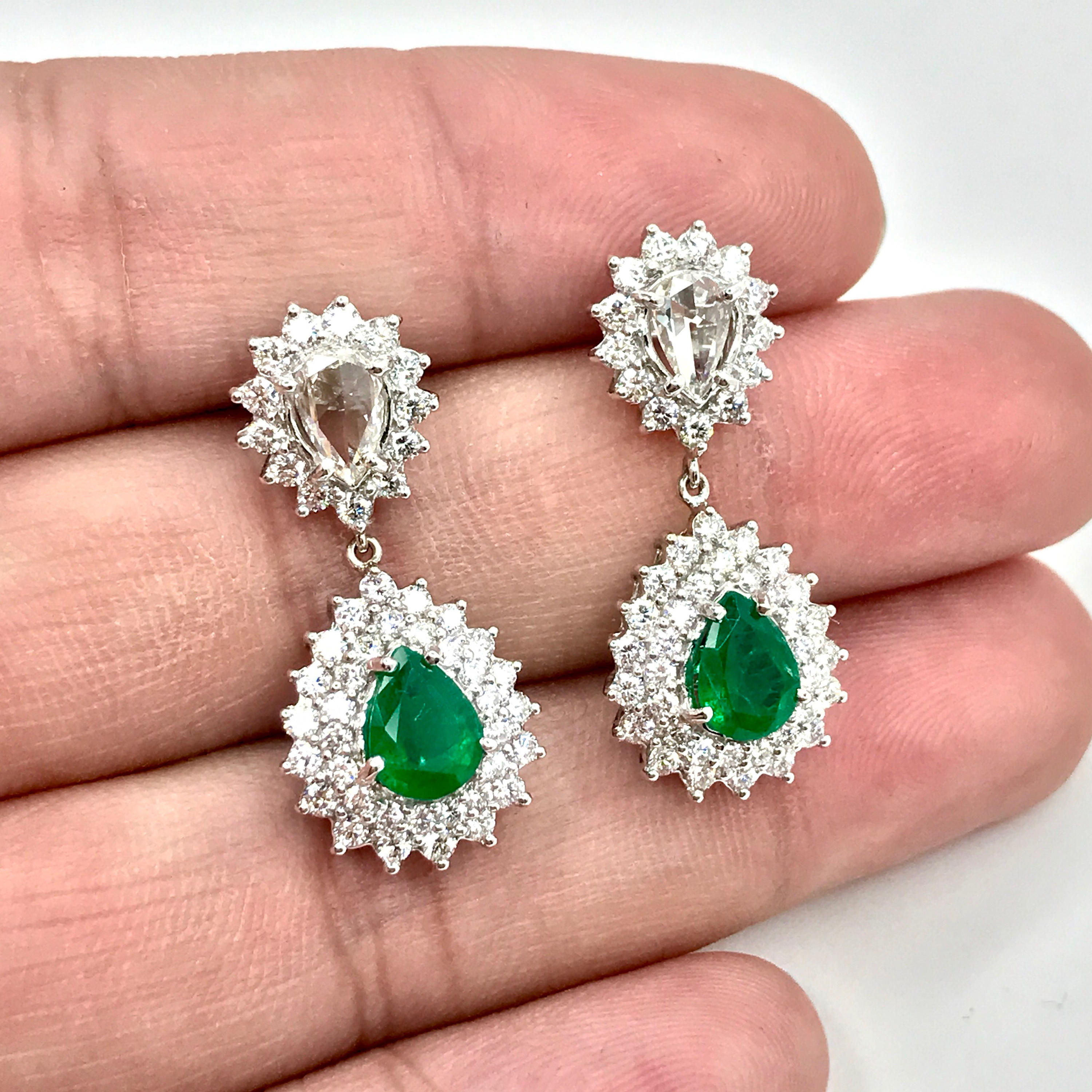 ROSE CUT! 4.86TCW Emerald & Diamonds in 18K solid white gold earrings natural zambian