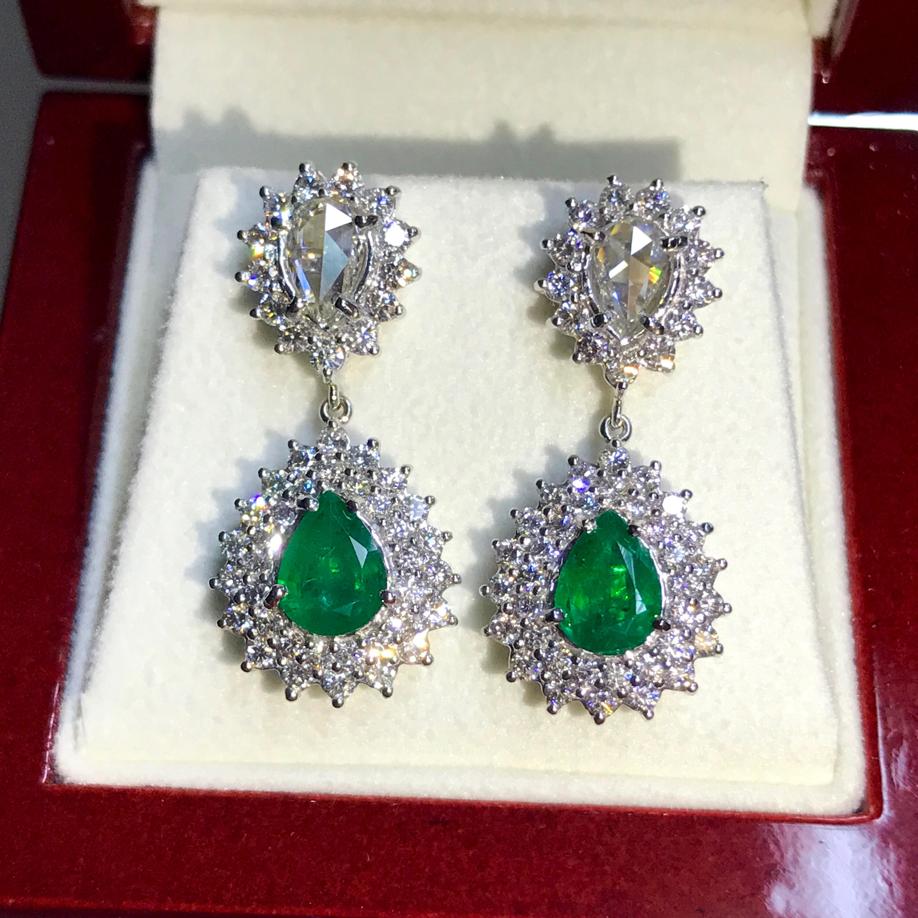 ROSE CUT! 4.86TCW Emerald & Diamonds in 18K solid white gold earrings natural zambian