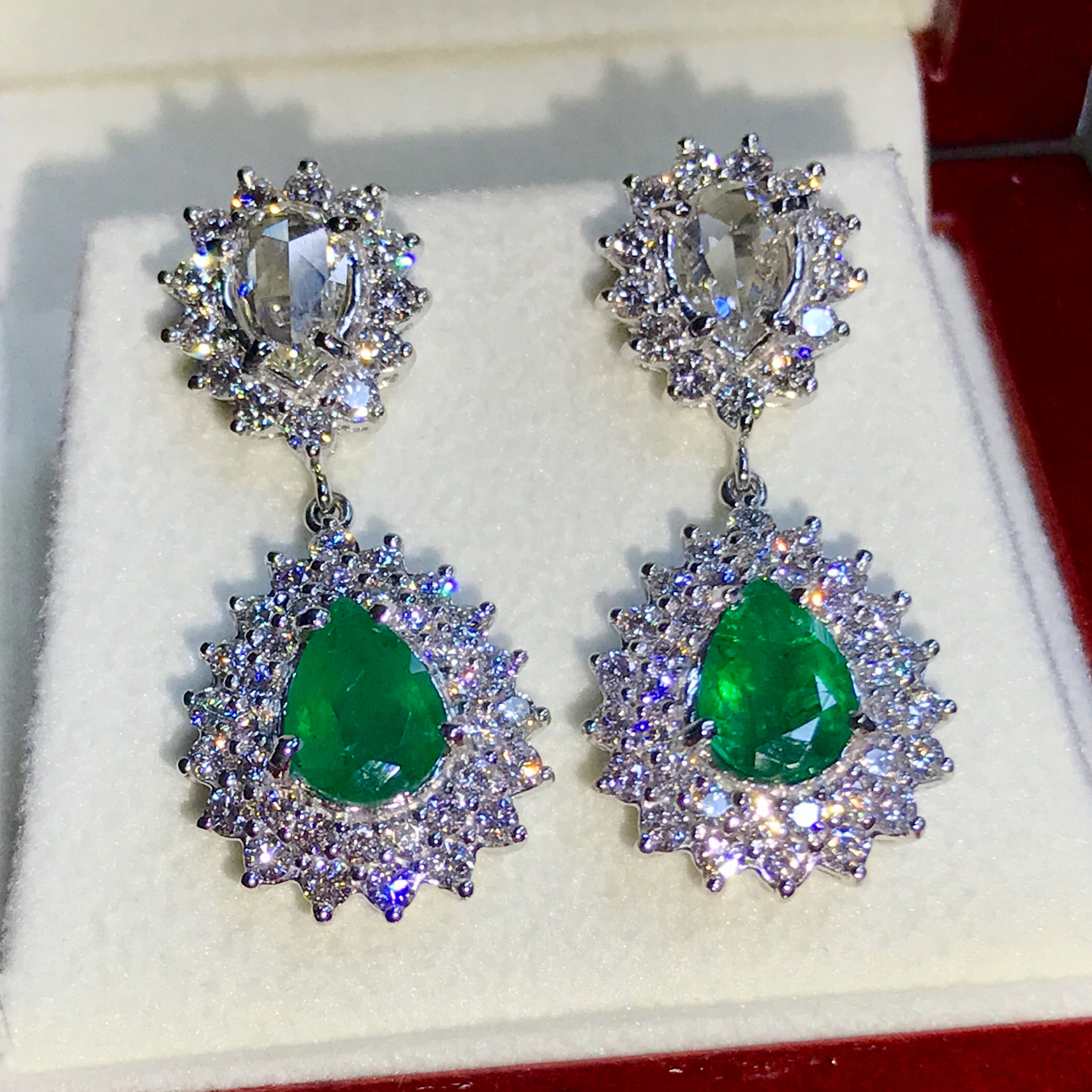 ROSE CUT! 4.86TCW Emerald & Diamonds in 18K solid white gold earrings natural zambian