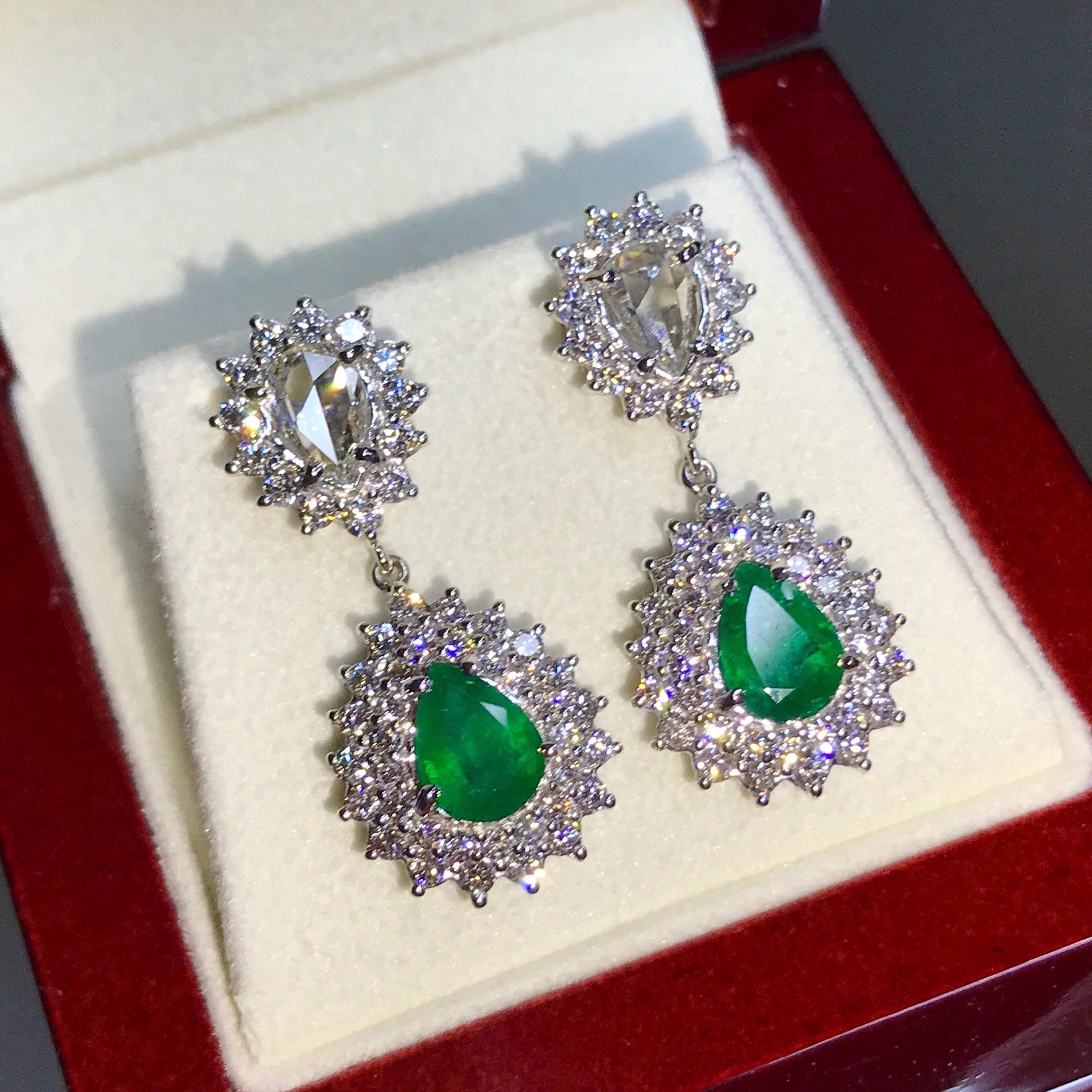 ROSE CUT! 4.86TCW Emerald & Diamonds in 18K solid white gold earrings natural zambian