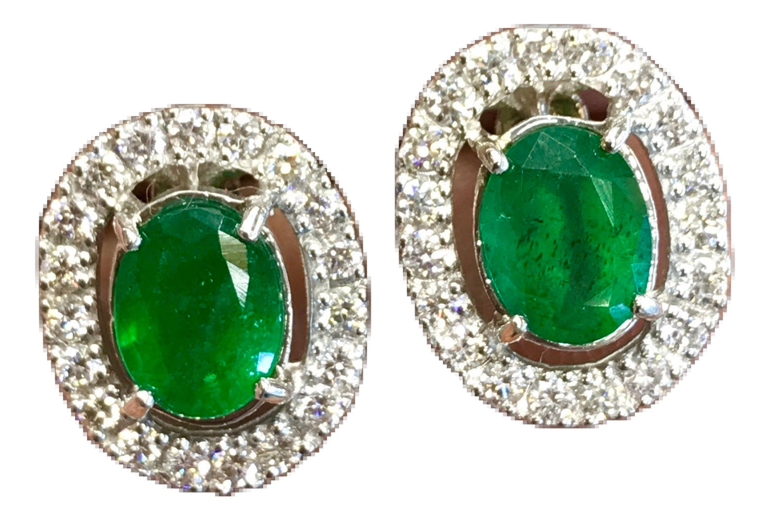 VIVID! 4.82TCW Emerald & VS Diamonds in 18K solid white gold earrings studs natural certified zambian