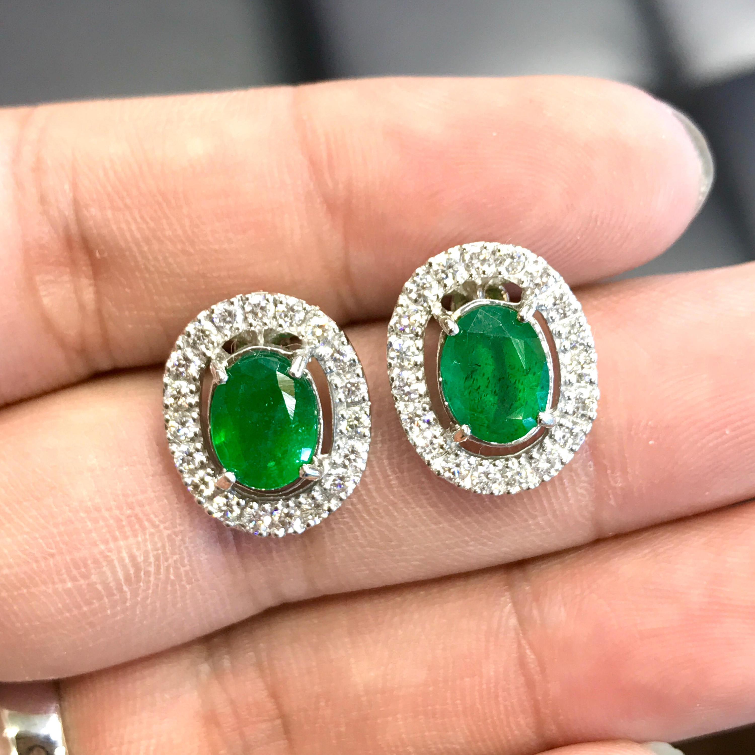 VIVID! 4.82TCW Emerald & VS Diamonds in 18K solid white gold earrings studs natural certified zambian