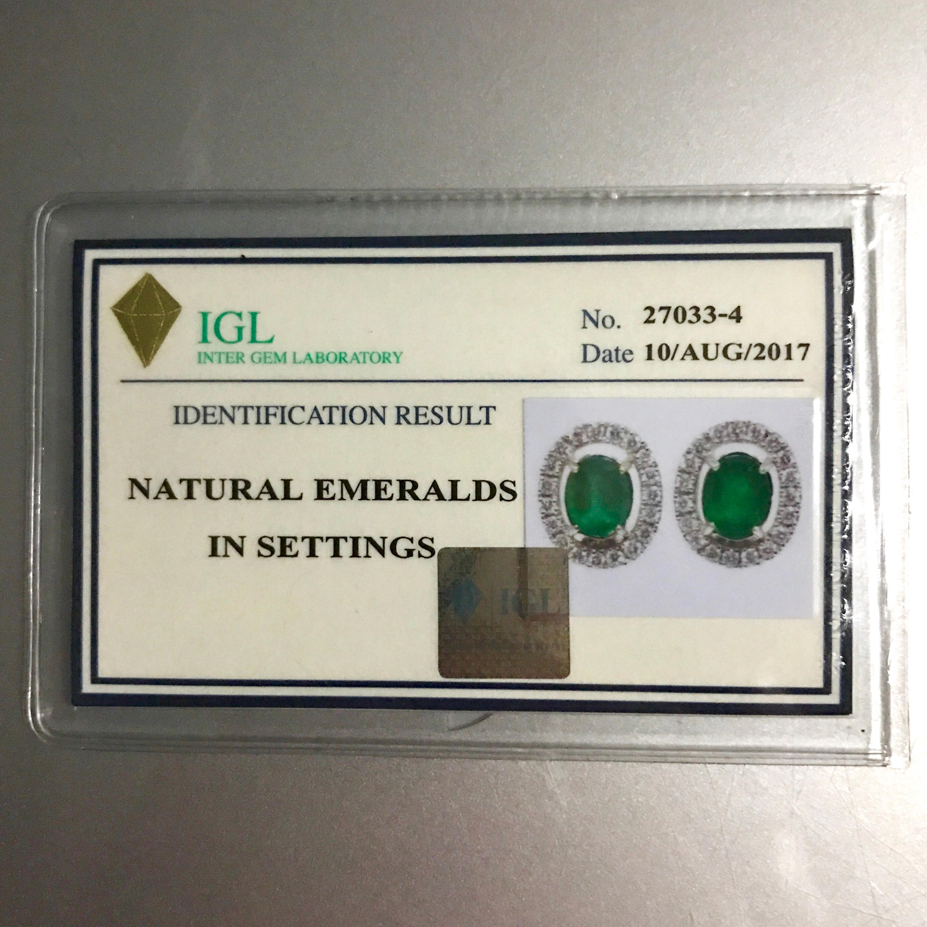 VIVID! 4.82TCW Emerald & VS Diamonds in 18K solid white gold earrings studs natural certified zambian