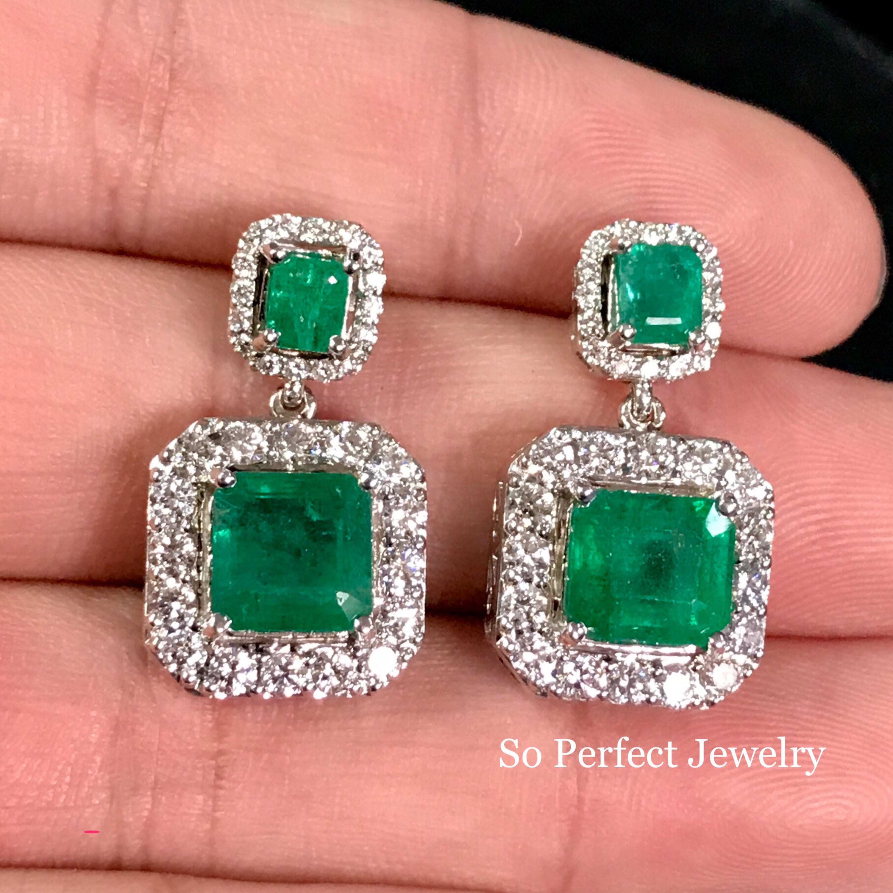 HUGE 9.46TCW VIVID Green Emeralds & Diamond in 18K solid WHITE gold handmade earrings dangle zambian