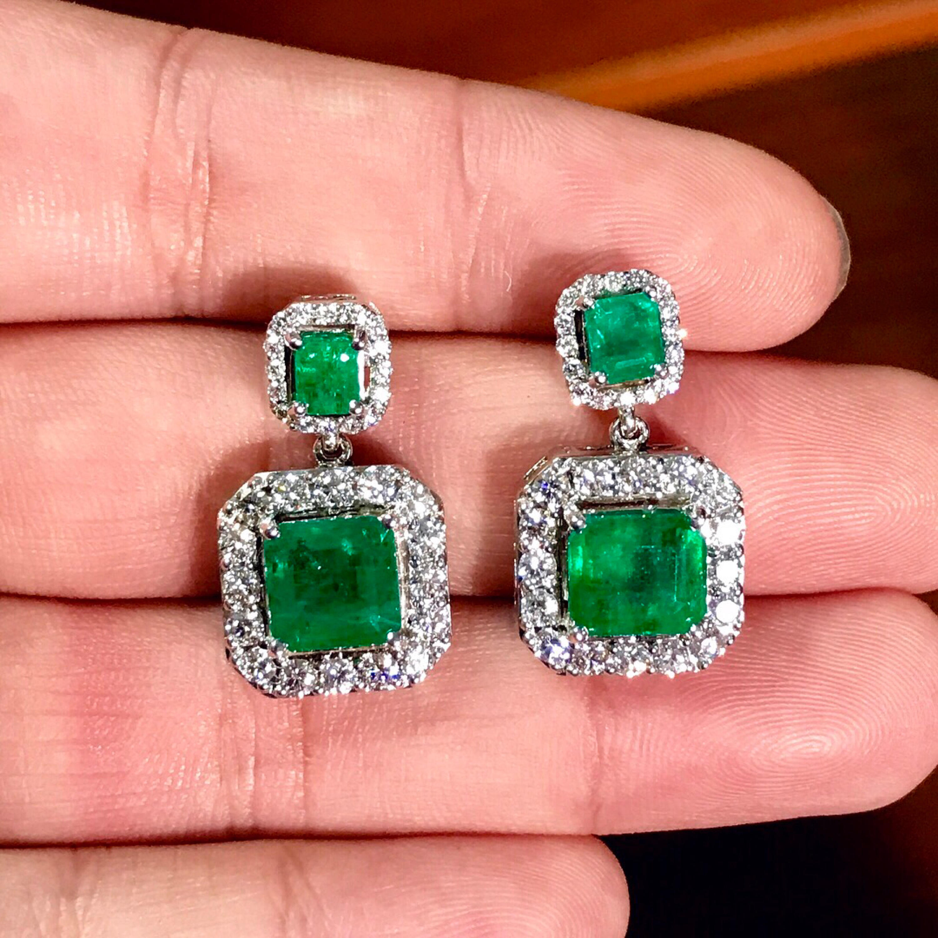 HUGE 9.46TCW VIVID Green Emeralds & Diamond in 18K solid WHITE gold handmade earrings dangle zambian