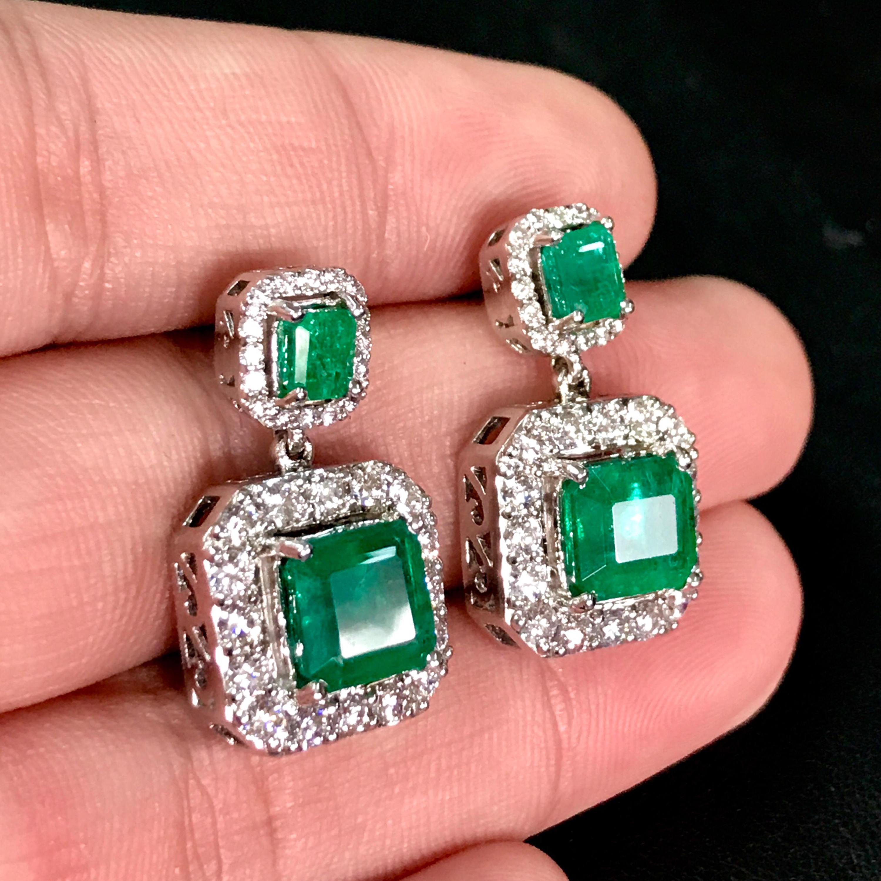 HUGE 9.46TCW VIVID Green Emeralds & Diamond in 18K solid WHITE gold handmade earrings dangle zambian