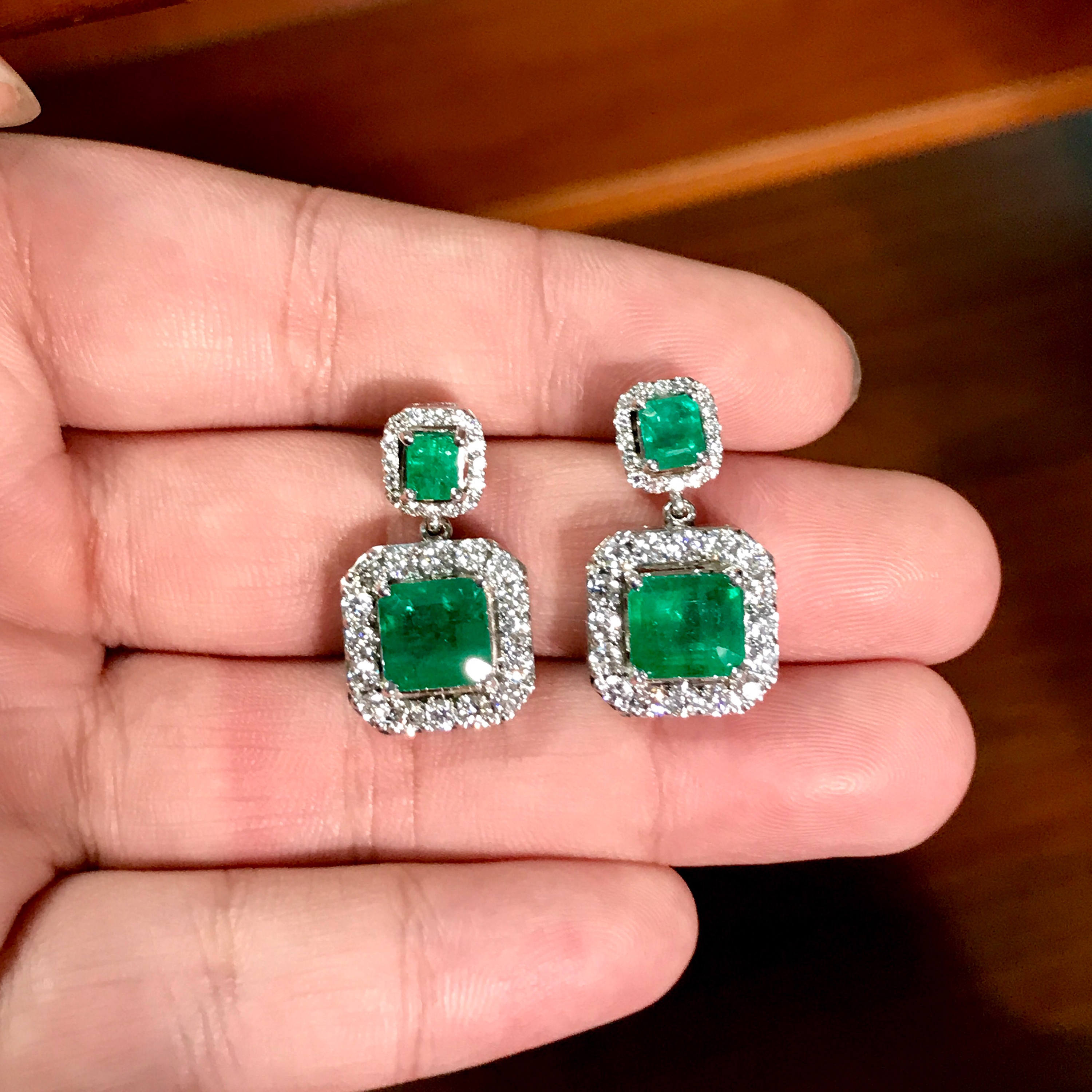 HUGE 9.46TCW VIVID Green Emeralds & Diamond in 18K solid WHITE gold handmade earrings dangle zambian