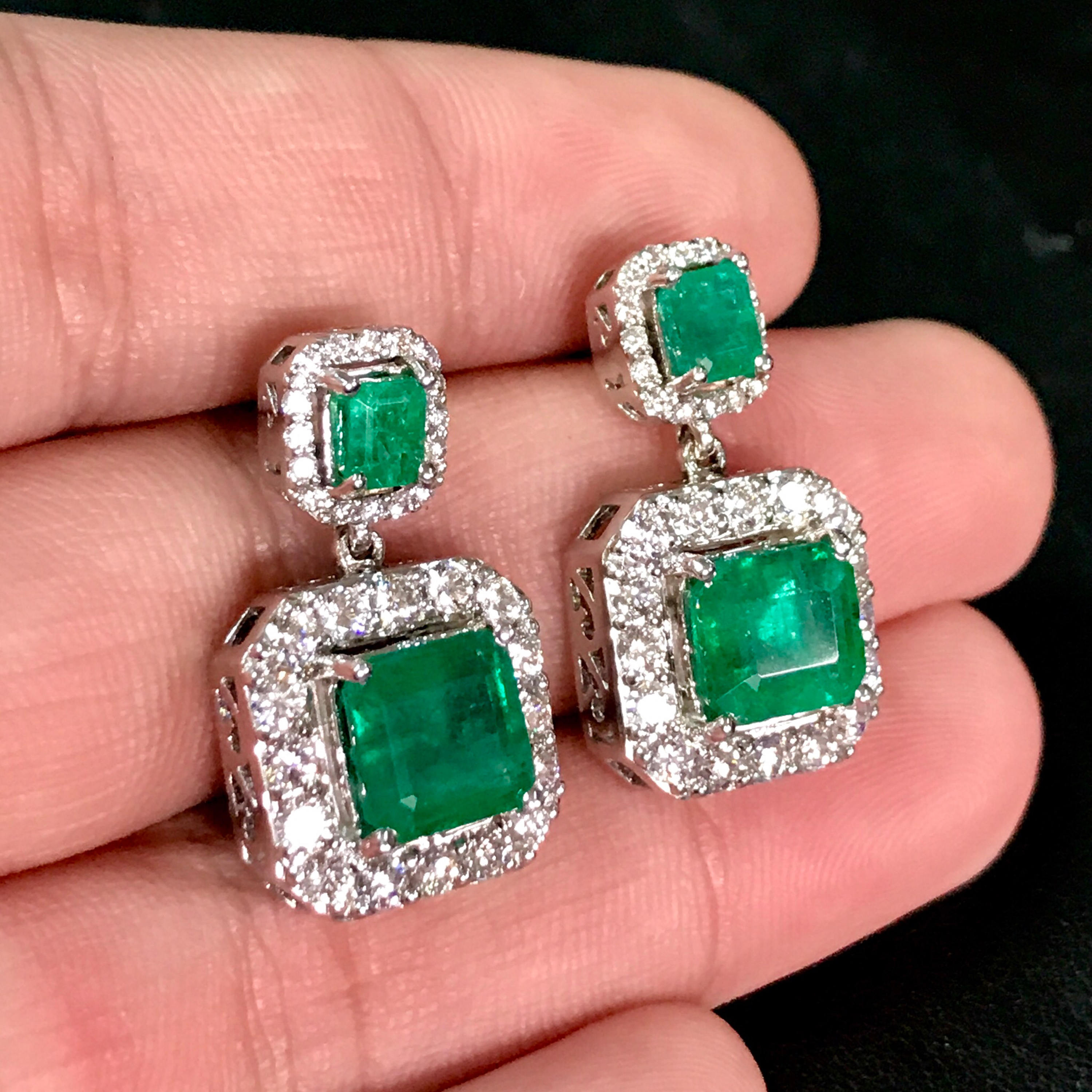 HUGE 9.46TCW VIVID Green Emeralds & Diamond in 18K solid WHITE gold handmade earrings dangle zambian