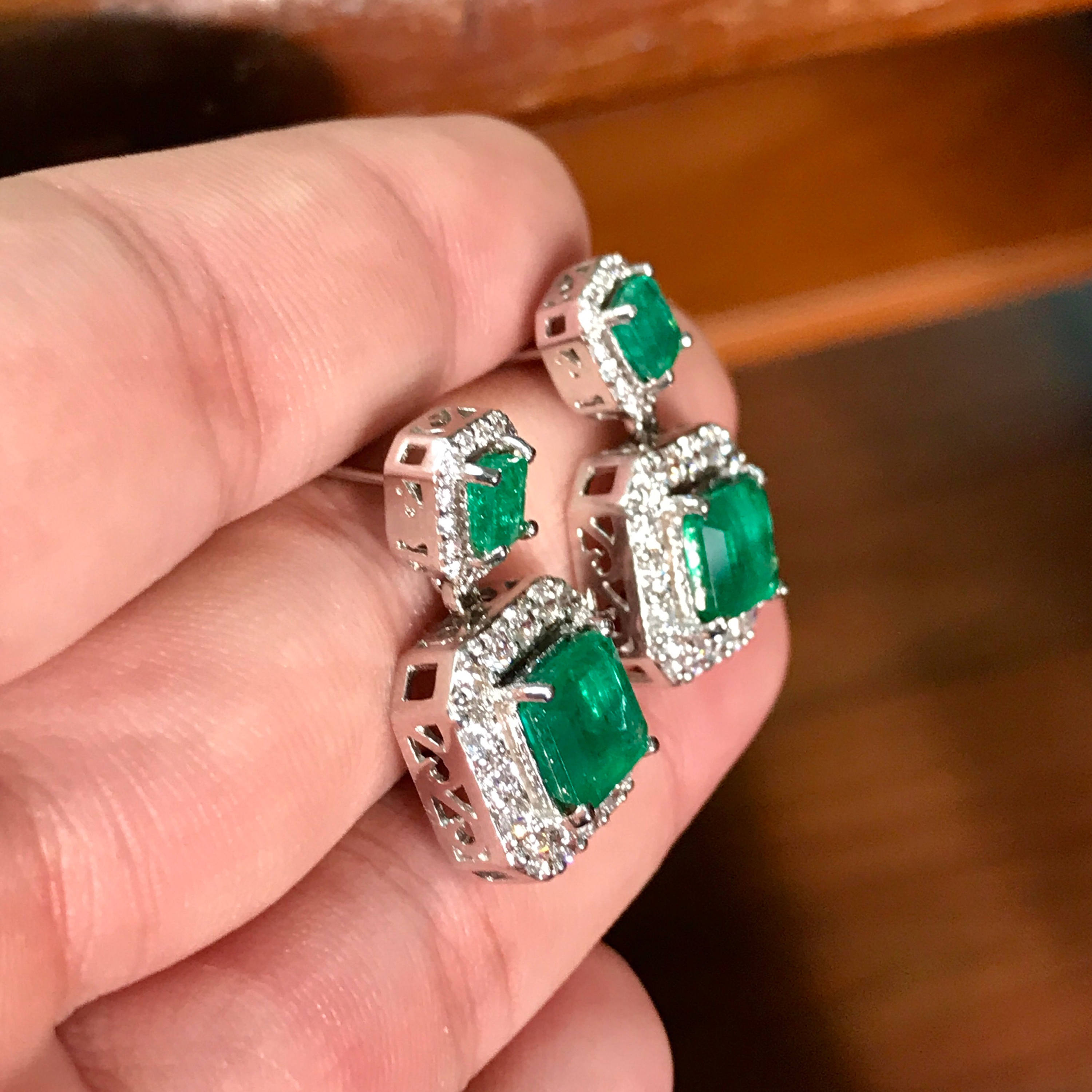 HUGE 9.46TCW VIVID Green Emeralds & Diamond in 18K solid WHITE gold handmade earrings dangle zambian