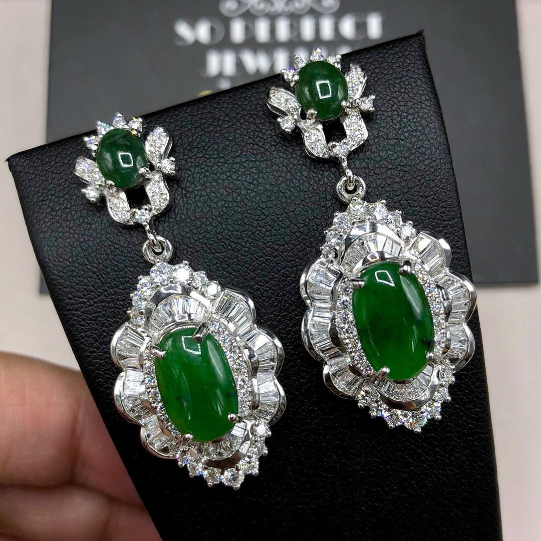 HUGE Burmese Jade VS Diamonds 18k solid white gold earrings Burma chandelier dangle natural emerald imperial green art deco Baguette long