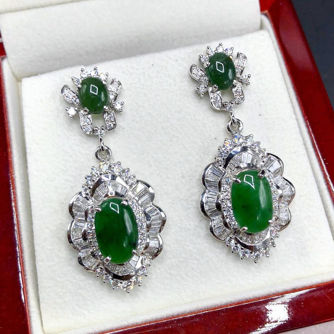 HUGE Burmese Jade VS Diamonds 18k solid white gold earrings Burma chandelier dangle natural emerald imperial green art deco Baguette long