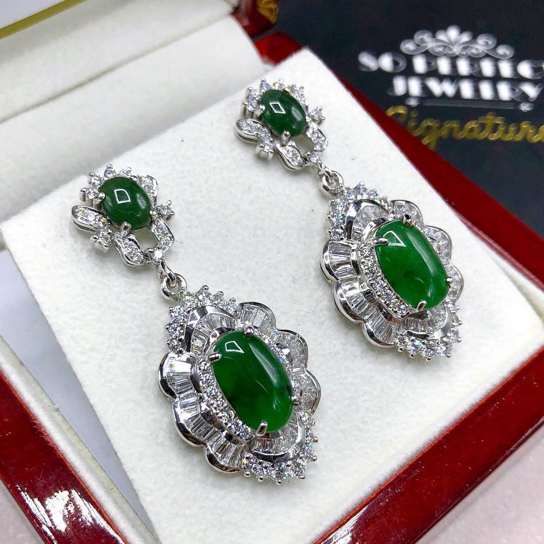 HUGE Burmese Jade VS Diamonds 18k solid white gold earrings Burma chandelier dangle natural emerald imperial green art deco Baguette long