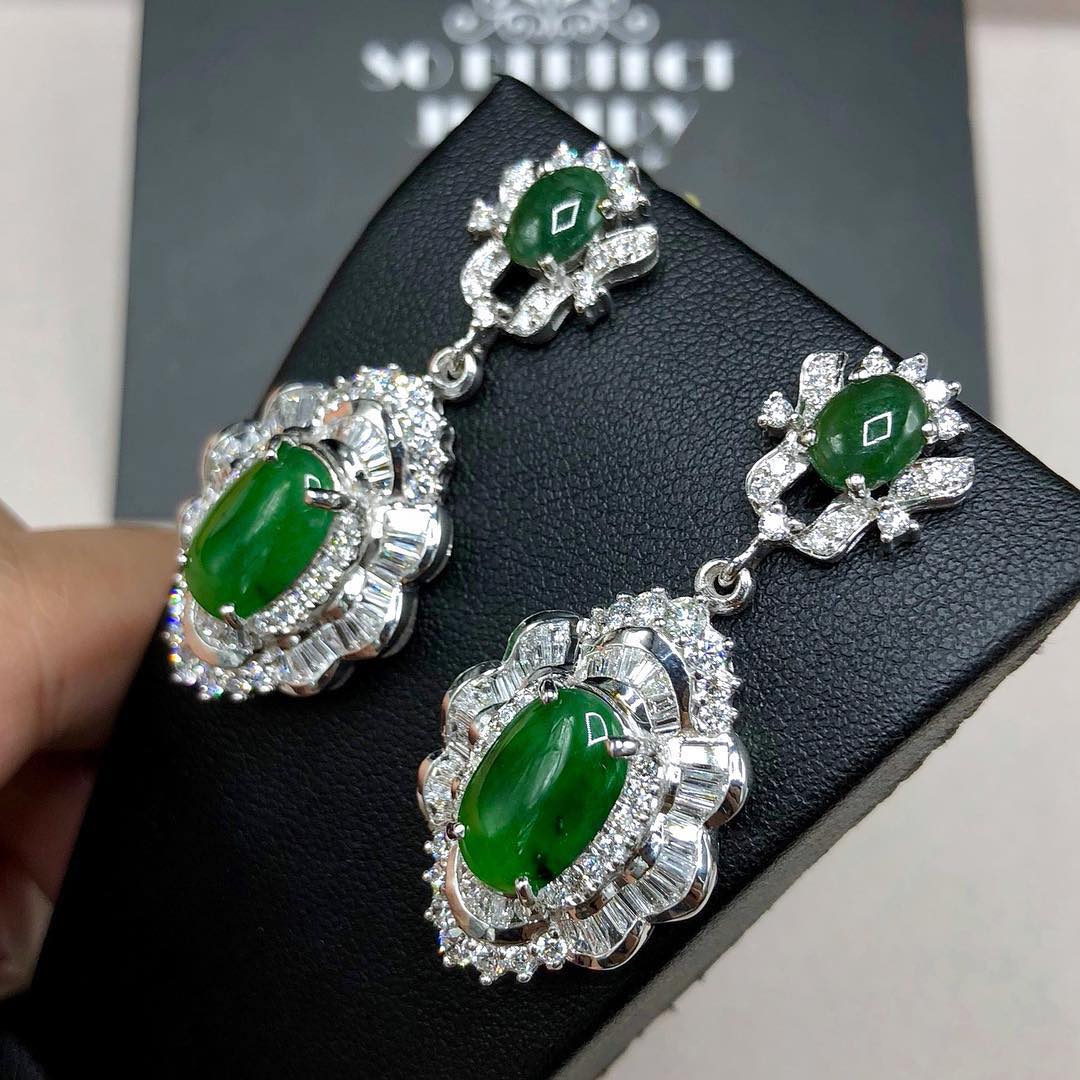 HUGE Burmese Jade VS Diamonds 18k solid white gold earrings Burma chandelier dangle natural emerald imperial green art deco Baguette long