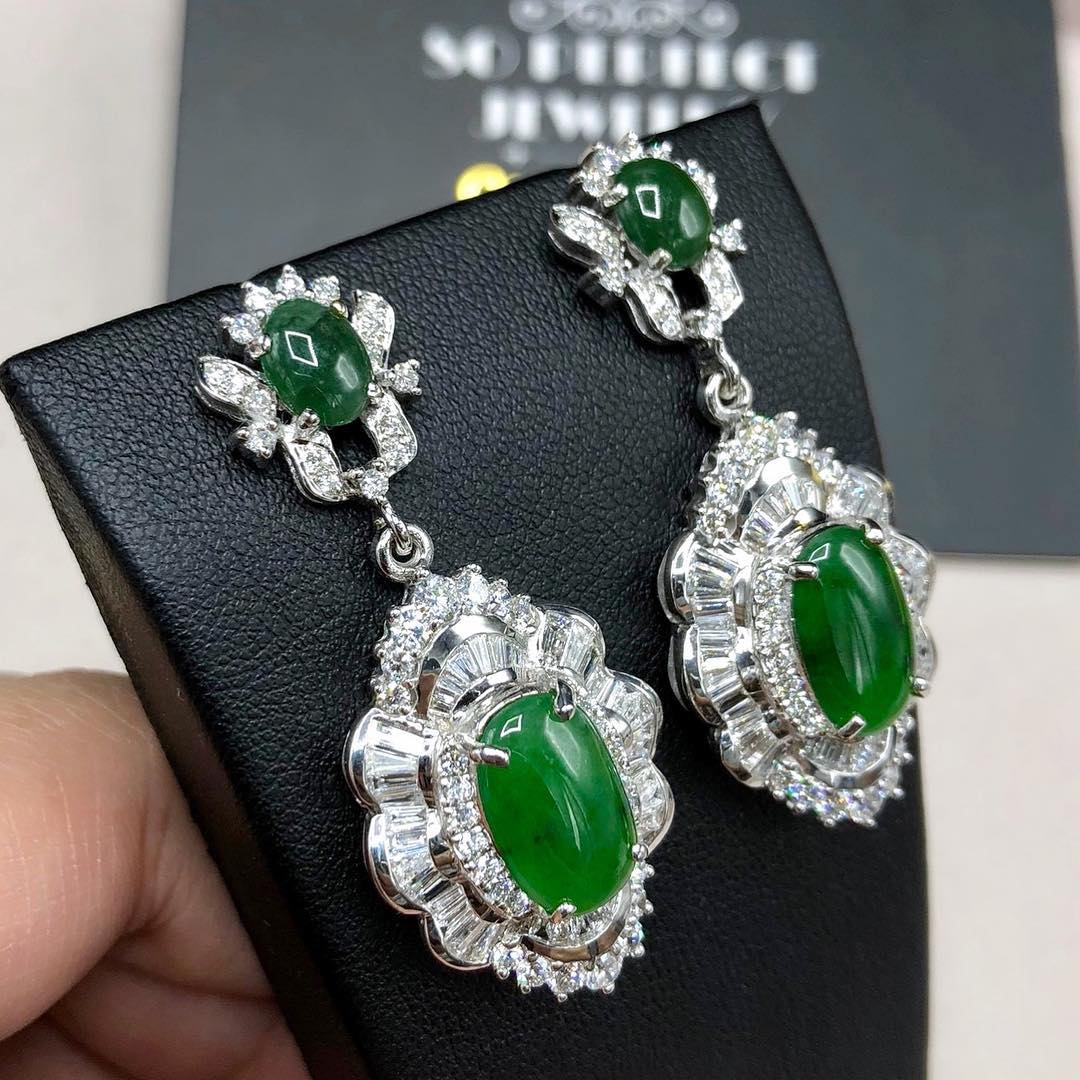 HUGE Burmese Jade VS Diamonds 18k solid white gold earrings Burma chandelier dangle natural emerald imperial green art deco Baguette long