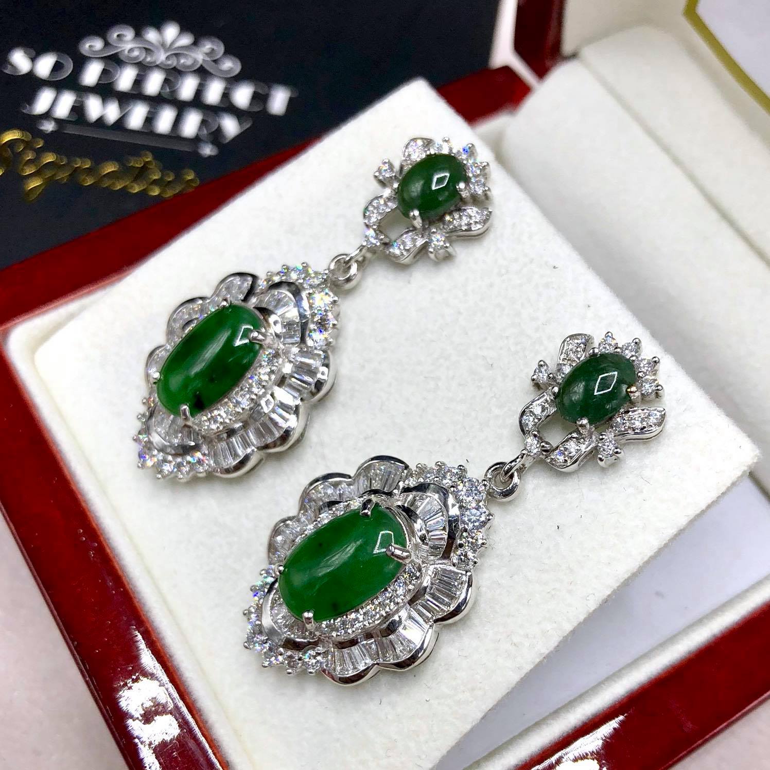 HUGE Burmese Jade VS Diamonds 18k solid white gold earrings Burma chandelier dangle natural emerald imperial green art deco Baguette long