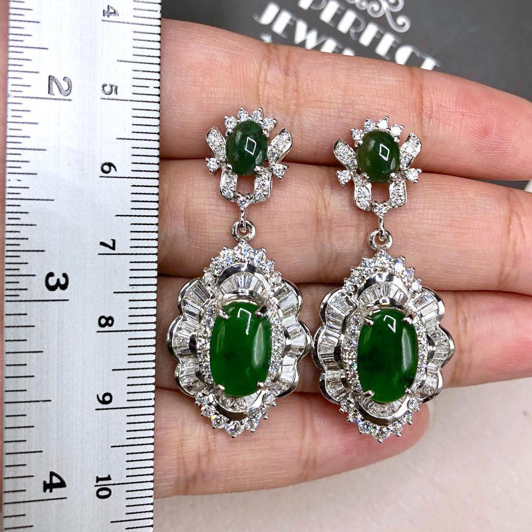 HUGE Burmese Jade VS Diamonds 18k solid white gold earrings Burma chandelier dangle natural emerald imperial green art deco Baguette long