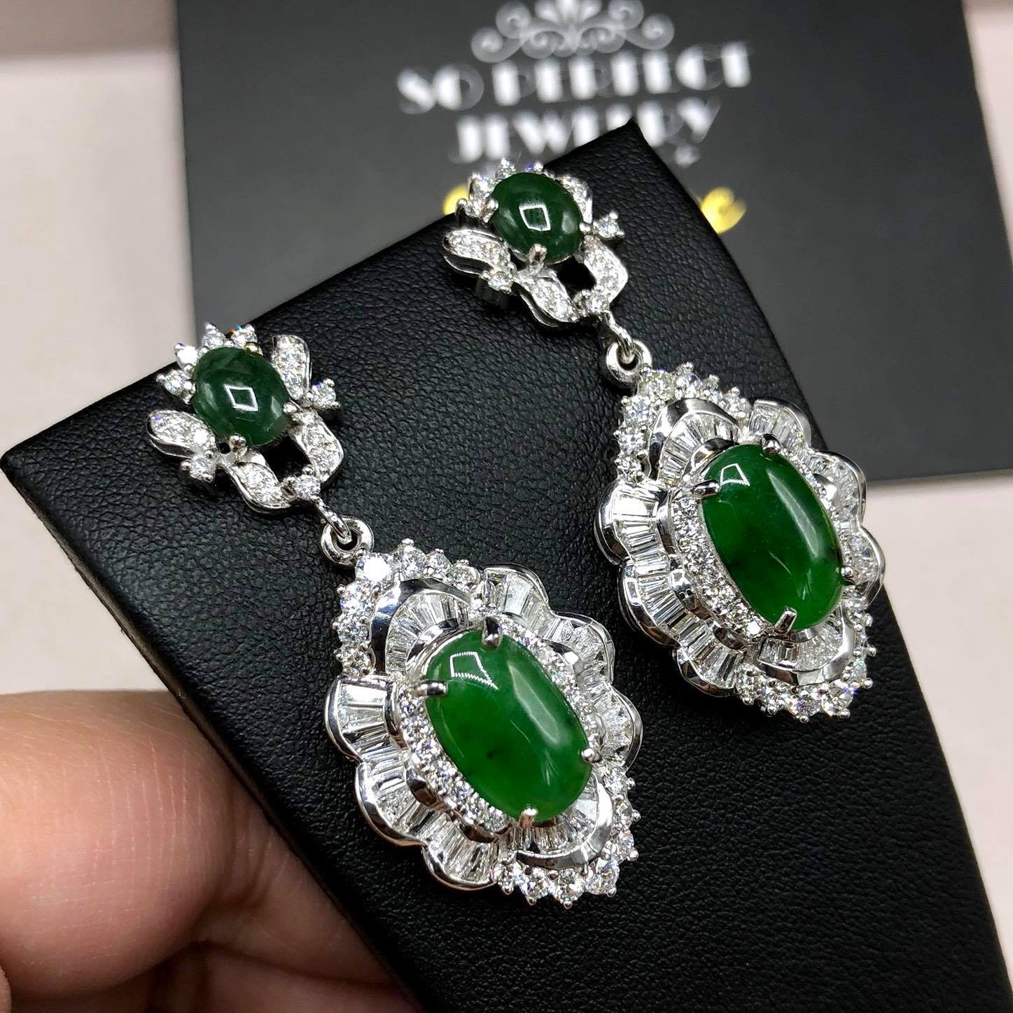 HUGE Burmese Jade VS Diamonds 18k solid white gold earrings Burma chandelier dangle natural emerald imperial green art deco Baguette long