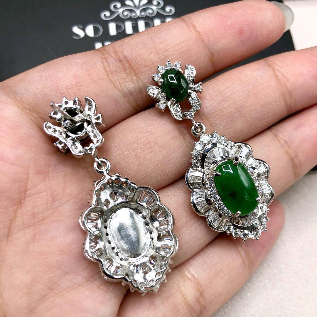 HUGE Burmese Jade VS Diamonds 18k solid white gold earrings Burma chandelier dangle natural emerald imperial green art deco Baguette long