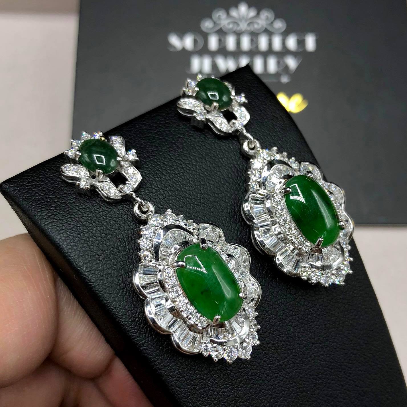 HUGE Burmese Jade VS Diamonds 18k solid white gold earrings Burma chandelier dangle natural emerald imperial green art deco Baguette long