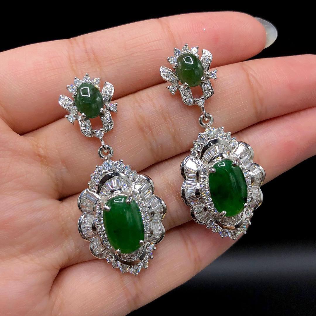 HUGE Burmese Jade VS Diamonds 18k solid white gold earrings Burma chandelier dangle natural emerald imperial green art deco Baguette long