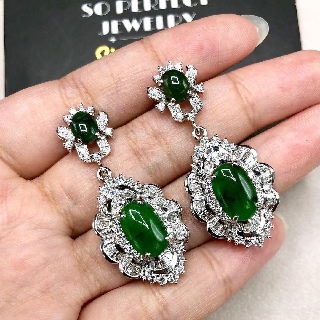 HUGE Burmese Jade VS Diamonds 18k solid white gold earrings Burma chandelier dangle natural emerald imperial green art deco Baguette long