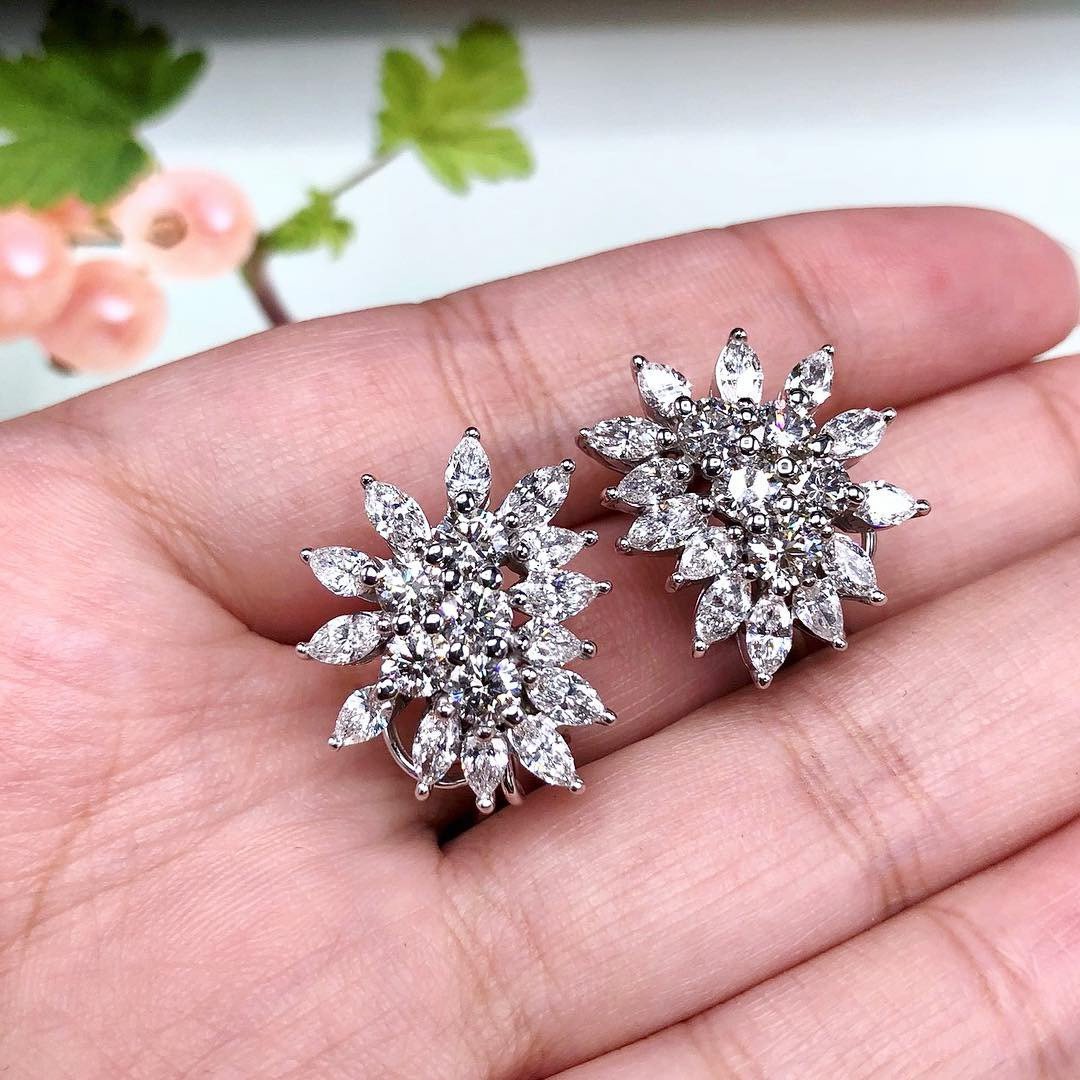 CLUSTER! Diamonds 18K solid white gold earrings 4.82TCW unique handmade one of a kind stud cocktail wedding natural Art deco omega vintage