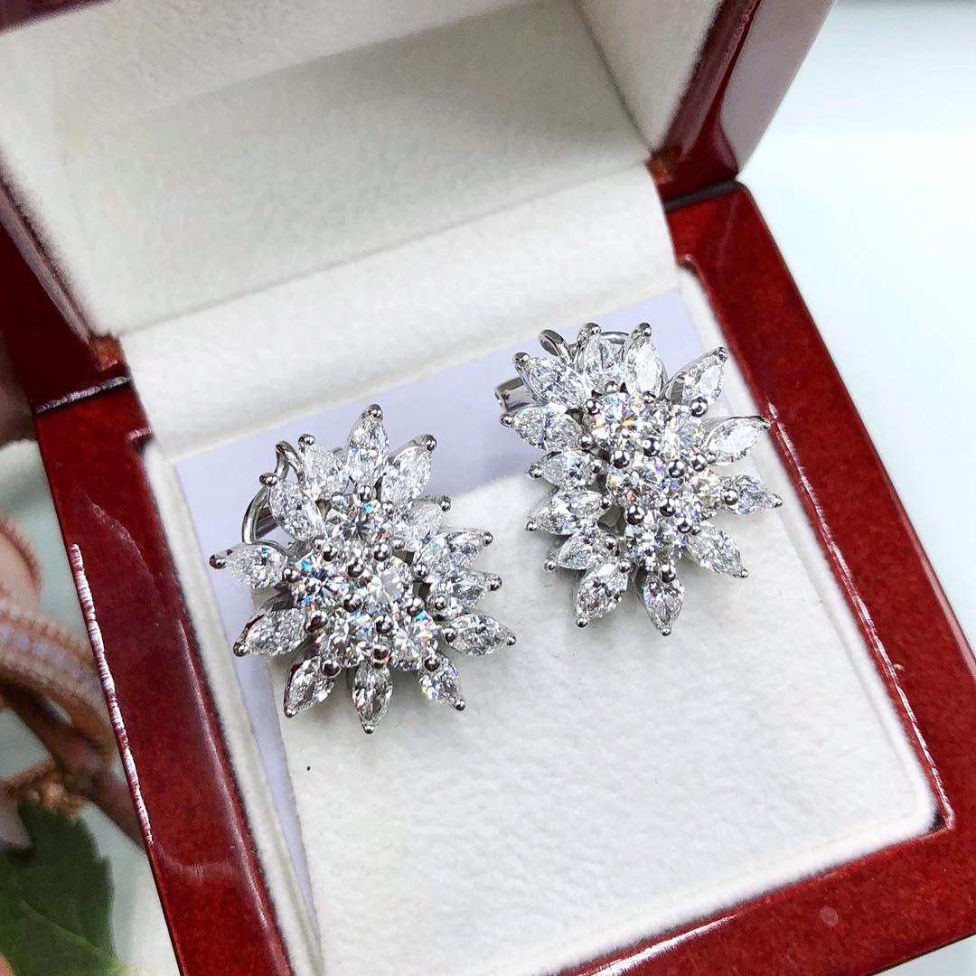 CLUSTER! Diamonds 18K solid white gold earrings 4.82TCW unique handmade one of a kind stud cocktail wedding natural Art deco omega vintage