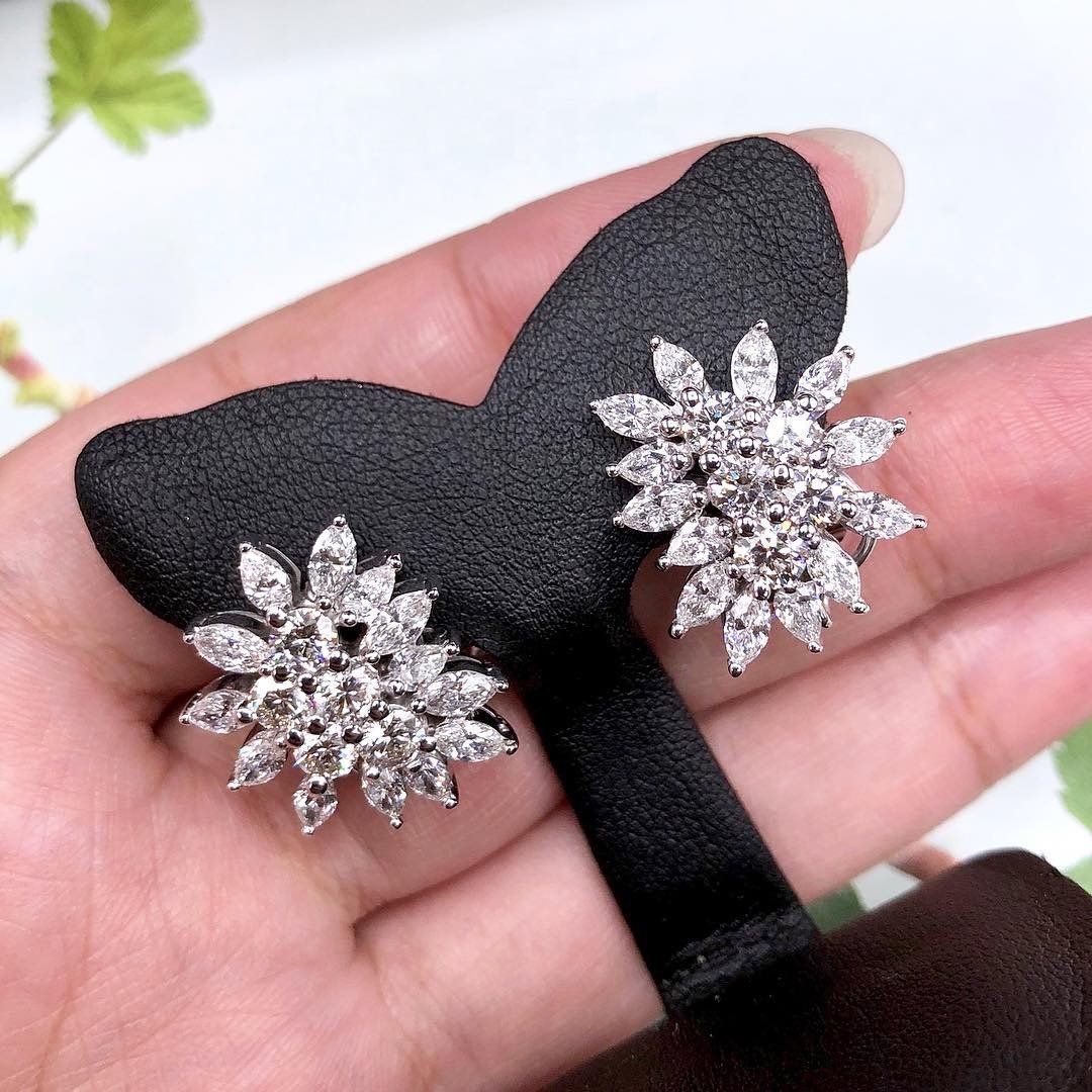 CLUSTER! Diamonds 18K solid white gold earrings 4.82TCW unique handmade one of a kind stud cocktail wedding natural Art deco omega vintage