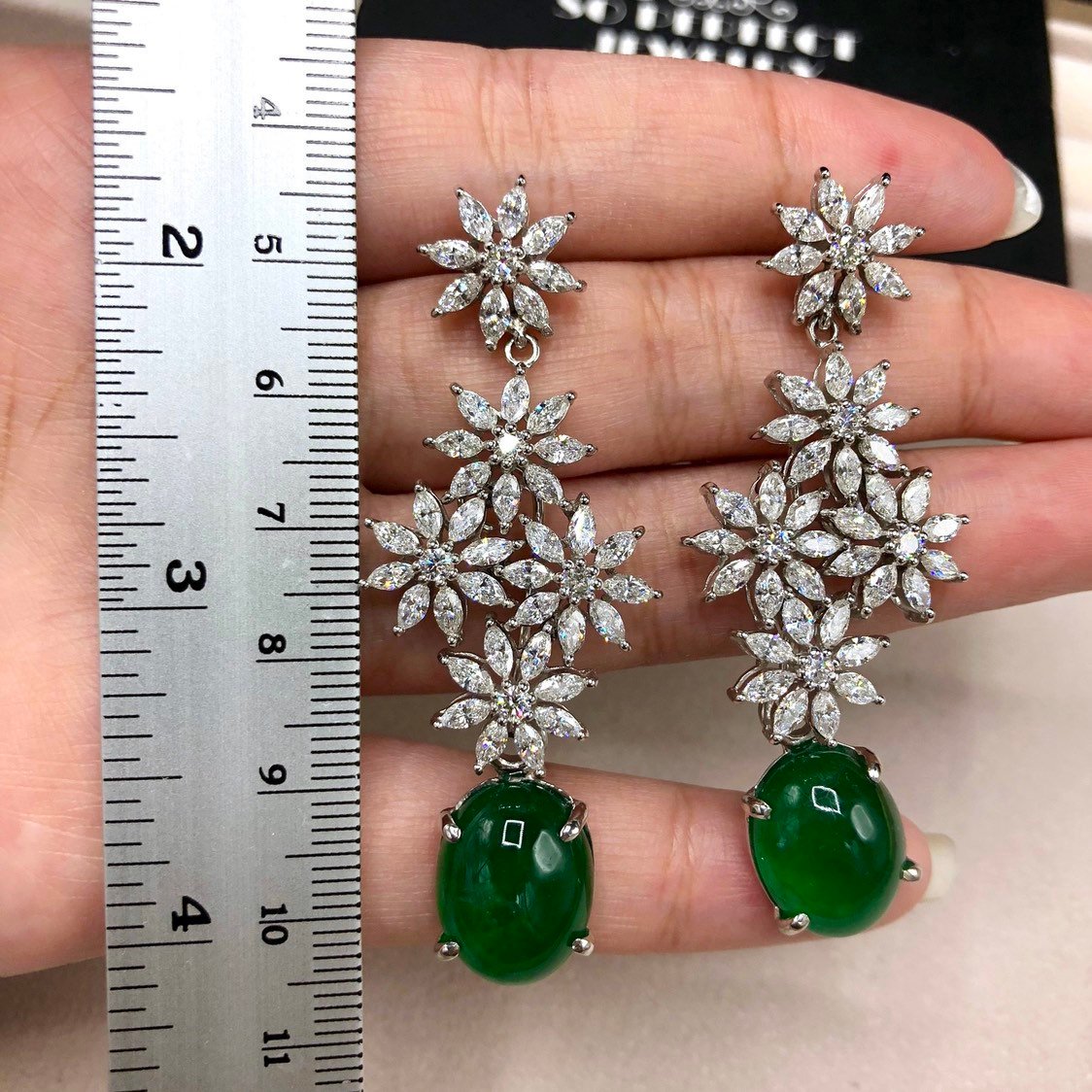 HUGE 16.62TCW Emerald VS Diamonds 18k solid white gold earrings gemstone zambian colombian chandelier dangle natural cabochon marquise long