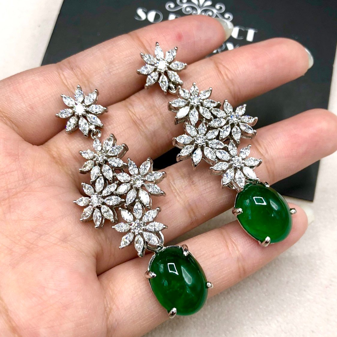 HUGE 16.62TCW Emerald VS Diamonds 18k solid white gold earrings gemstone zambian colombian chandelier dangle natural cabochon marquise long