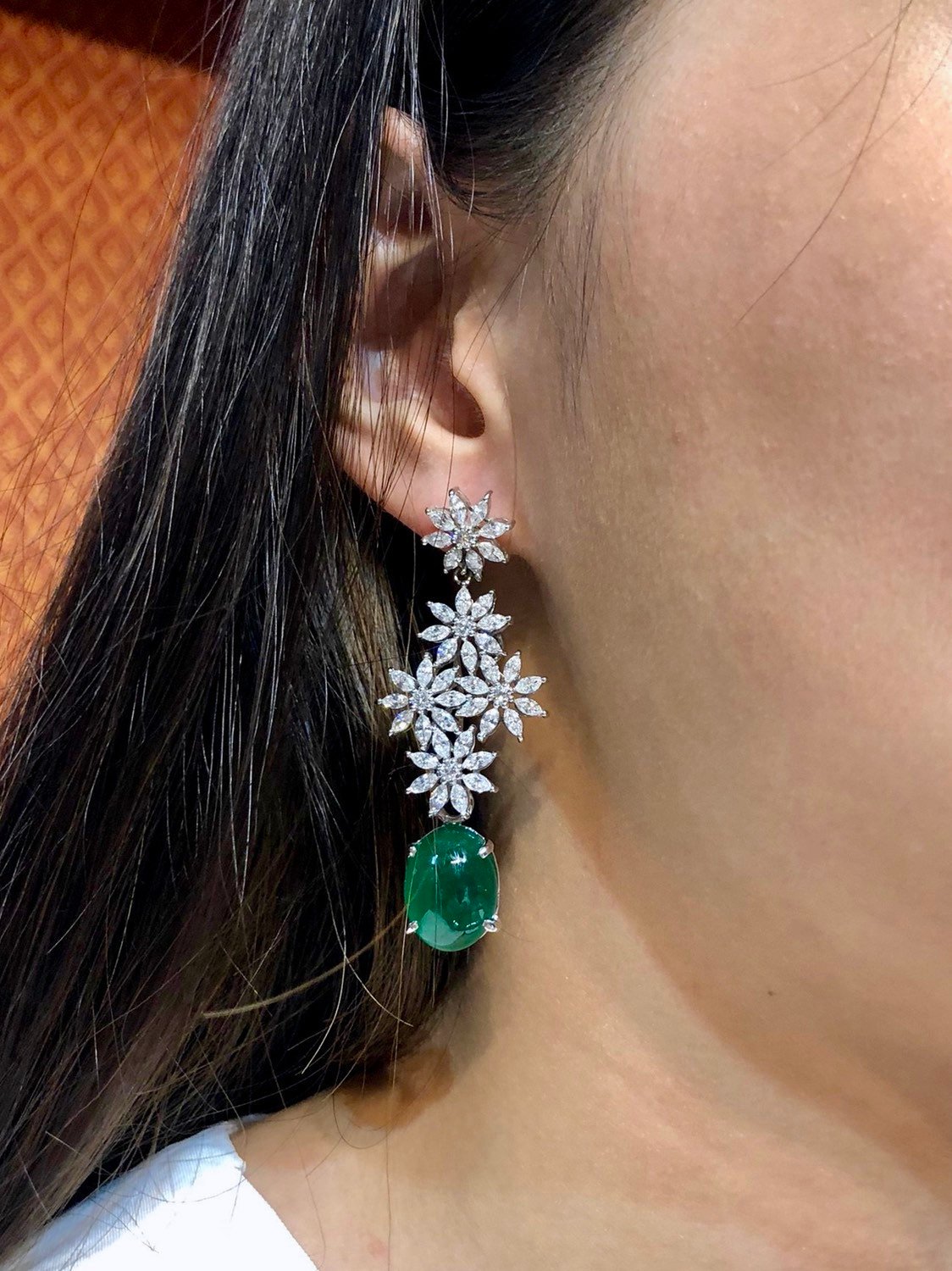 HUGE 16.62TCW Emerald VS Diamonds 18k solid white gold earrings gemstone zambian colombian chandelier dangle natural cabochon marquise long