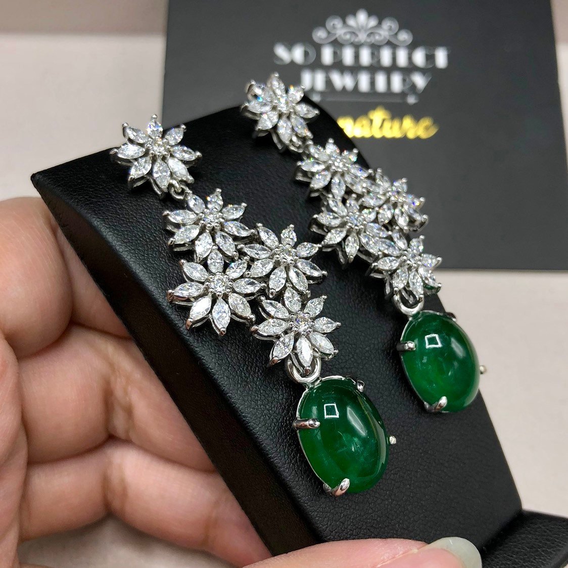 HUGE 16.62TCW Emerald VS Diamonds 18k solid white gold earrings gemstone zambian colombian chandelier dangle natural cabochon marquise long