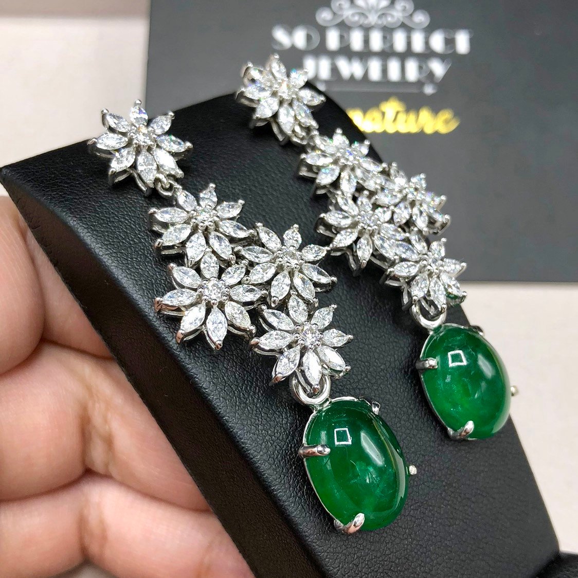 HUGE 16.62TCW Emerald VS Diamonds 18k solid white gold earrings gemstone zambian colombian chandelier dangle natural cabochon marquise long