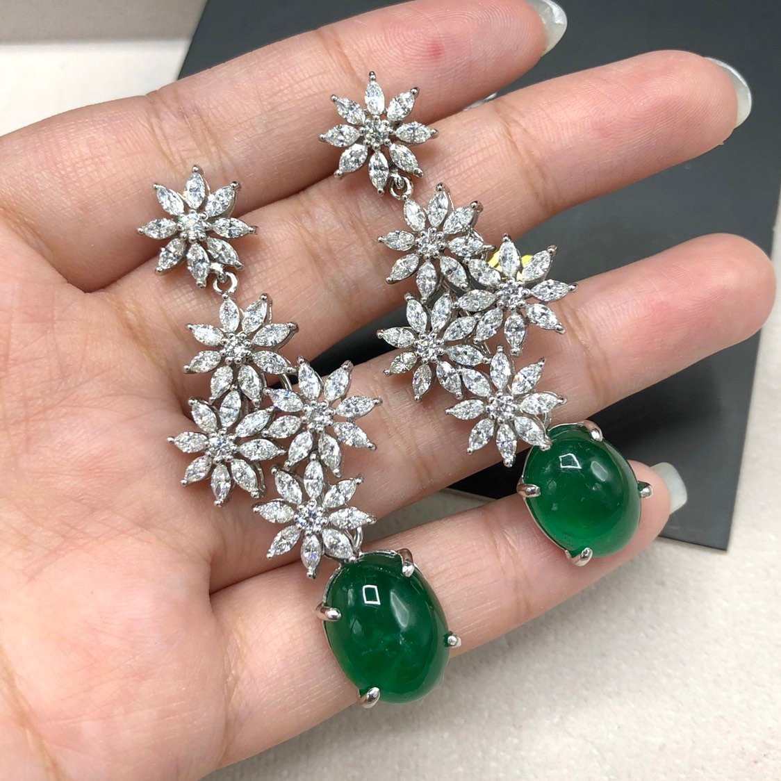 HUGE 16.62TCW Emerald VS Diamonds 18k solid white gold earrings gemstone zambian colombian chandelier dangle natural cabochon marquise long