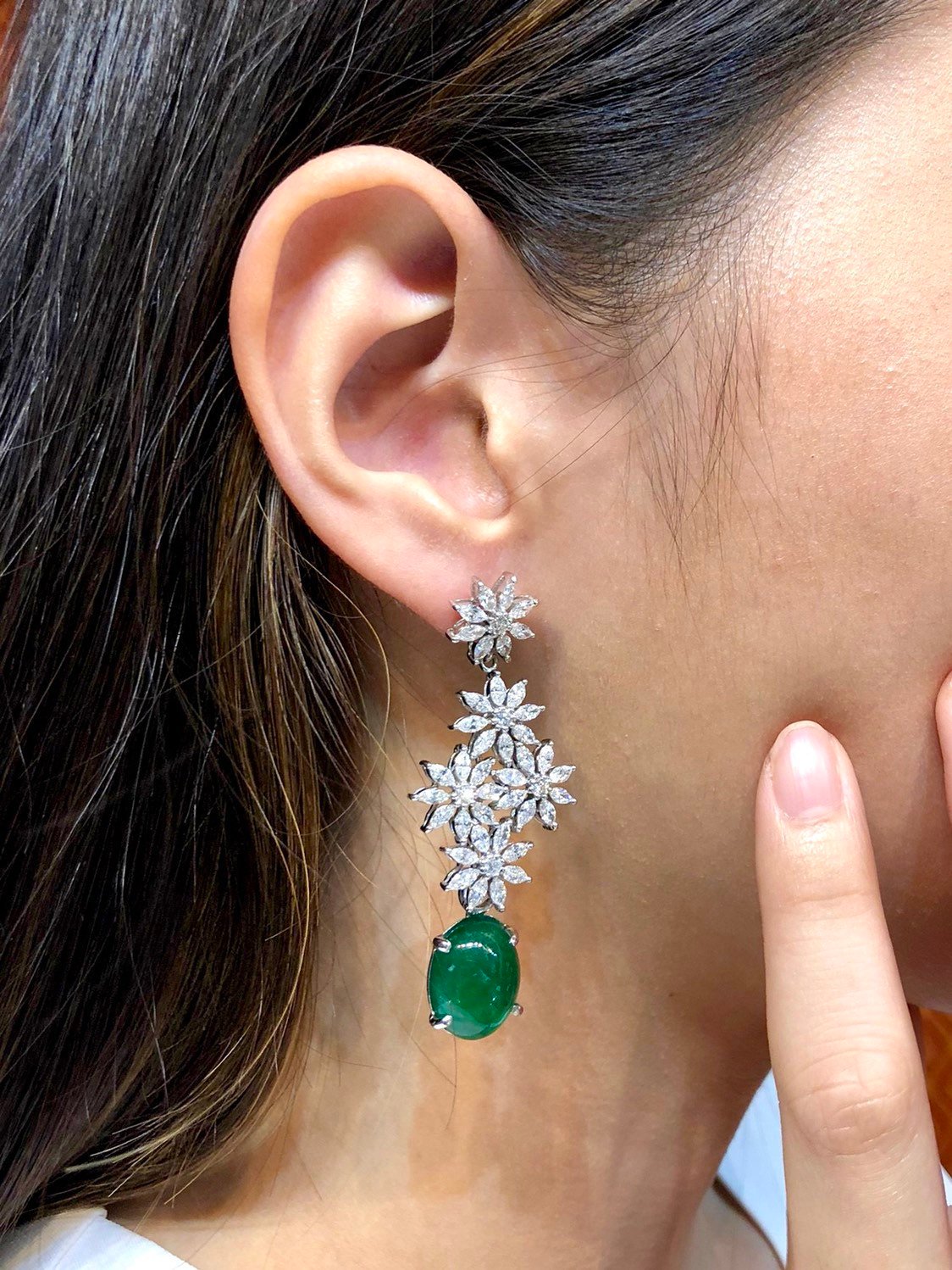 HUGE 16.62TCW Emerald VS Diamonds 18k solid white gold earrings gemstone zambian colombian chandelier dangle natural cabochon marquise long