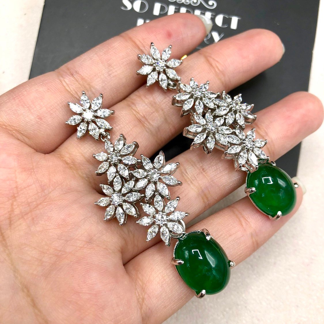 HUGE 16.62TCW Emerald VS Diamonds 18k solid white gold earrings gemstone zambian colombian chandelier dangle natural cabochon marquise long