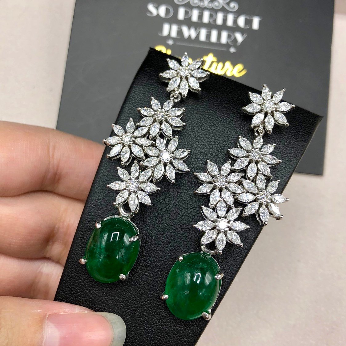 HUGE 16.62TCW Emerald VS Diamonds 18k solid white gold earrings gemstone zambian colombian chandelier dangle natural cabochon marquise long