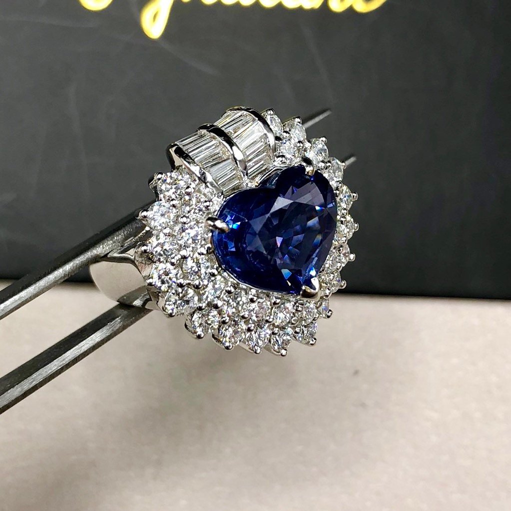 CEYLON! 6.93TCW Blue Sapphire & Diamonds in 18K solid white gold ring engagement vintage clean wedding natural genuine cornflower heart