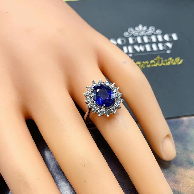 CEYLON! 4.45TCW Blue Sapphire Diamond 18K solid handmade white gold halo ring engagement