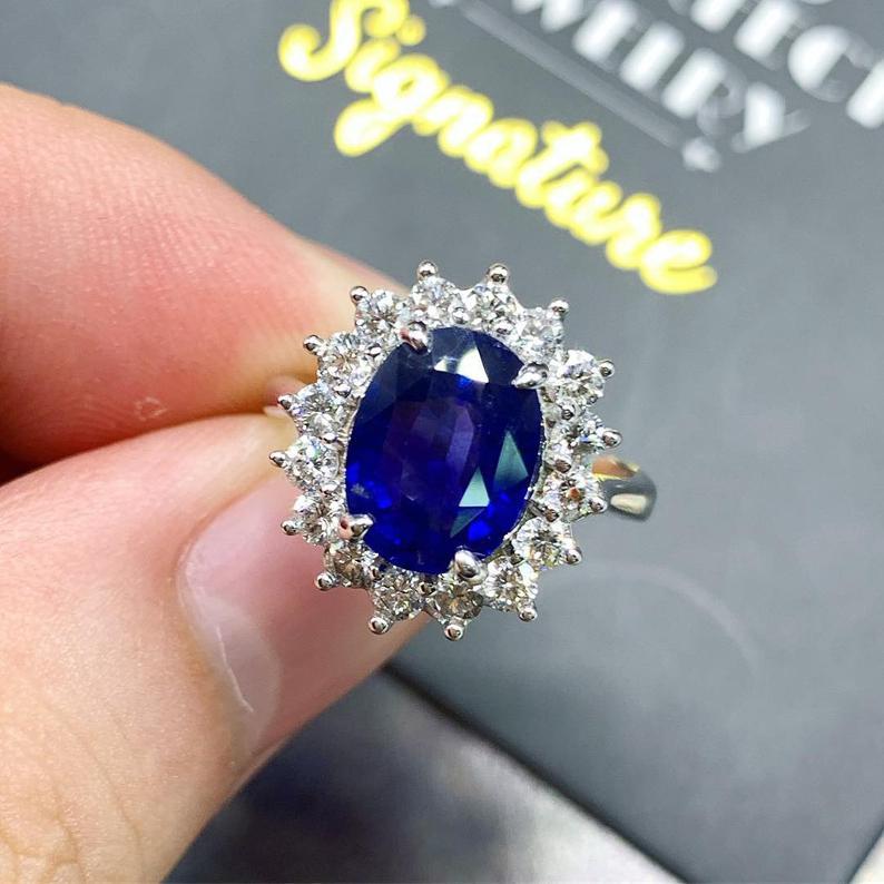 CEYLON! 4.45TCW Blue Sapphire Diamond 18K solid handmade white gold halo ring engagement